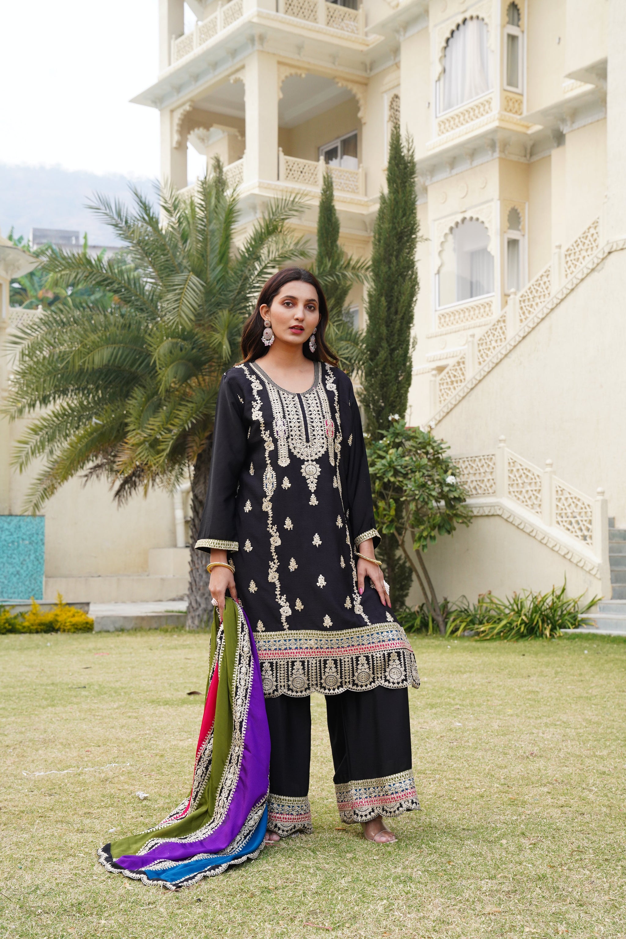 Black Heavy Embroidered Chinon Suit Set with Dupatta