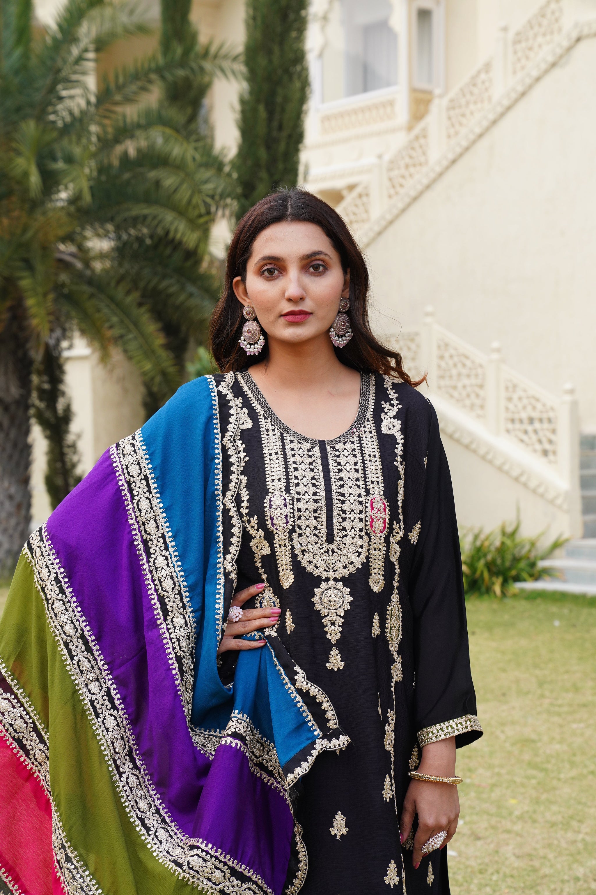 Black Heavy Embroidered Chinon Suit Set with Dupatta