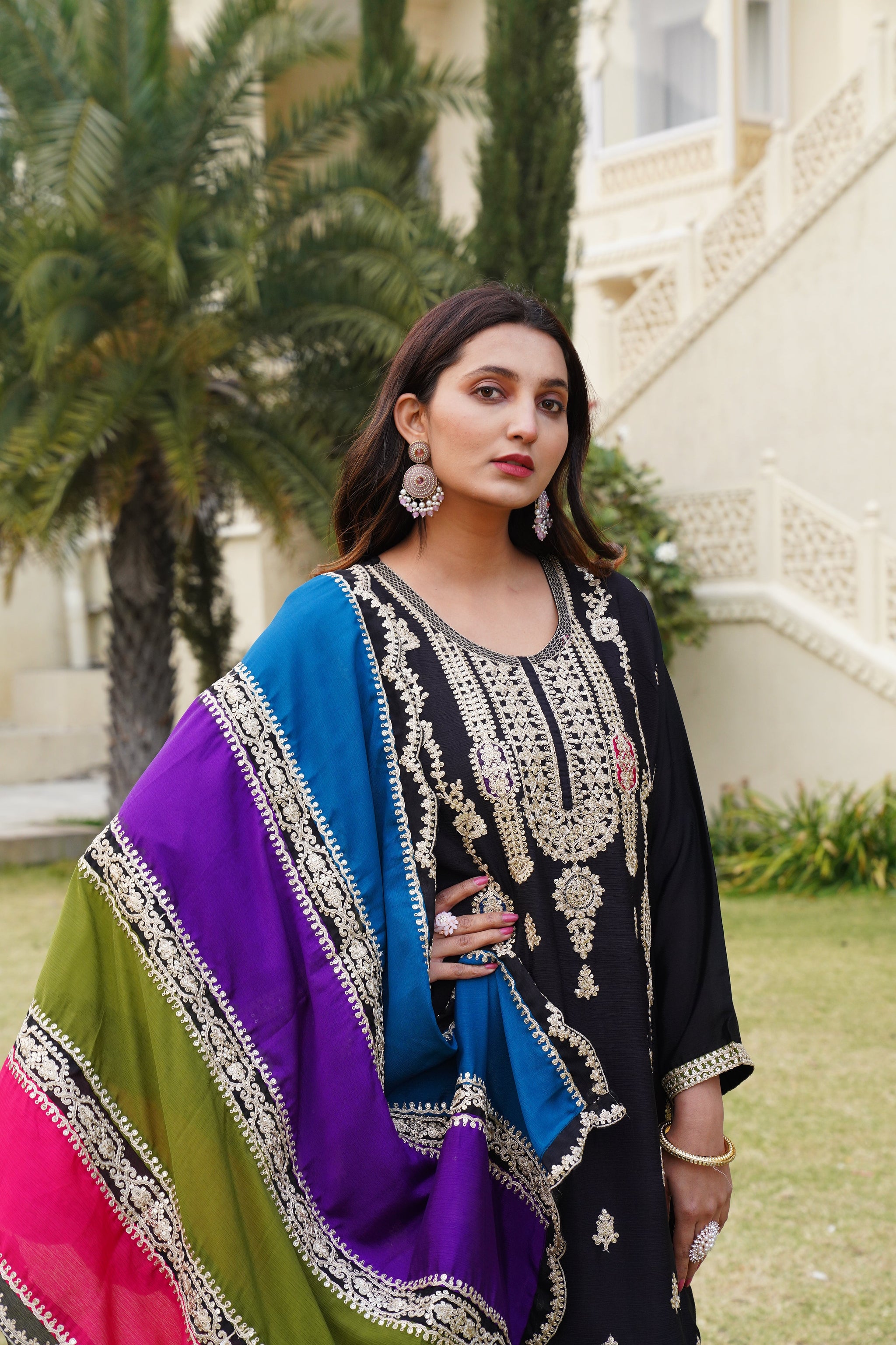 Black Heavy Embroidered Chinon Suit Set with Dupatta