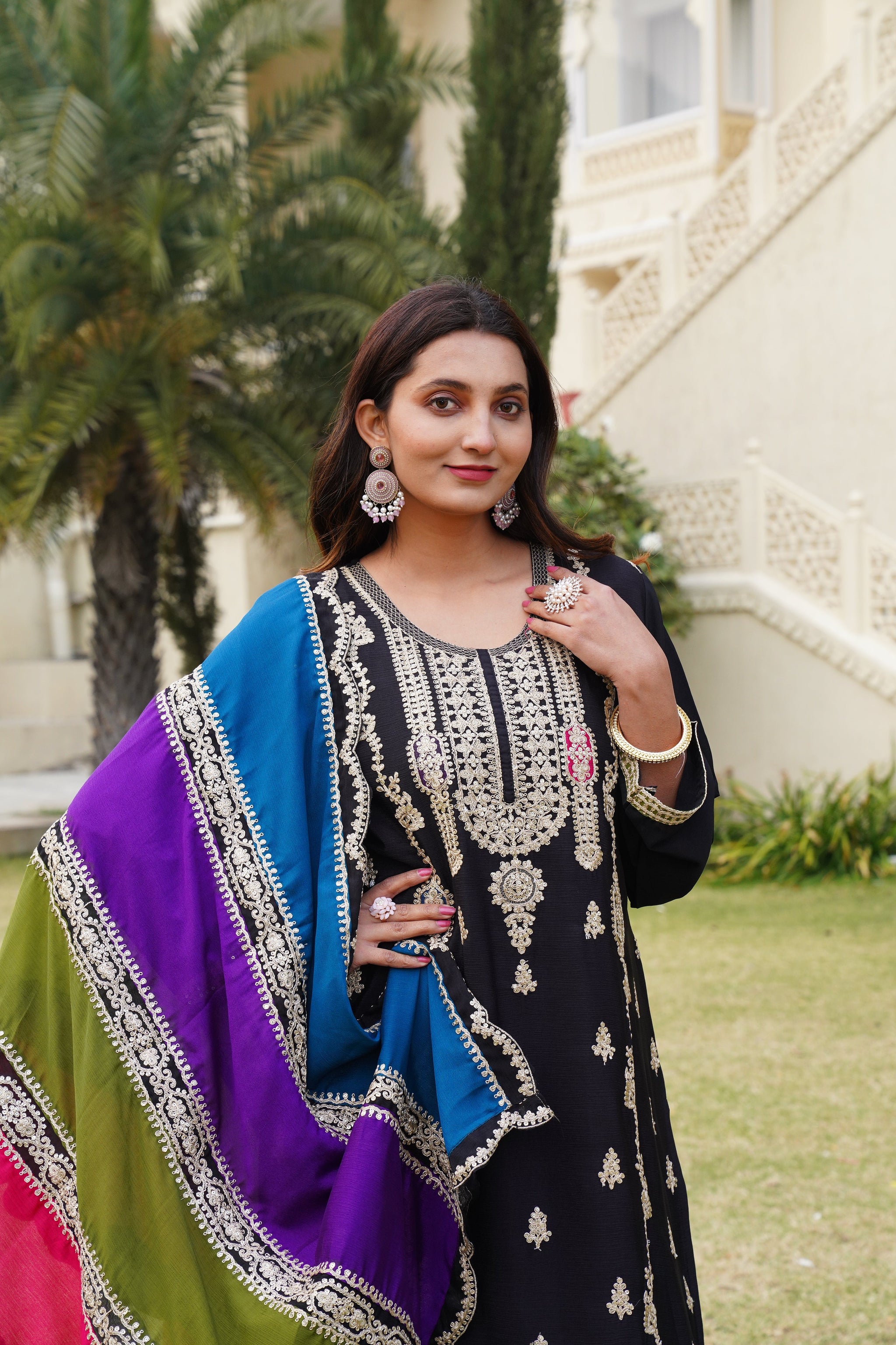 Black Heavy Embroidered Chinon Suit Set with Dupatta