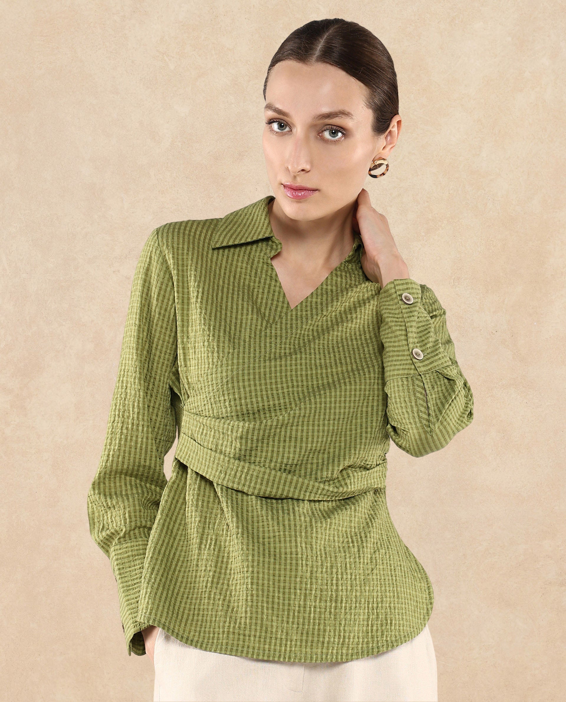Rareism Women Duna Olive Polyester Fabric Cuffed Sleeve Jhonny Collar Plain Top