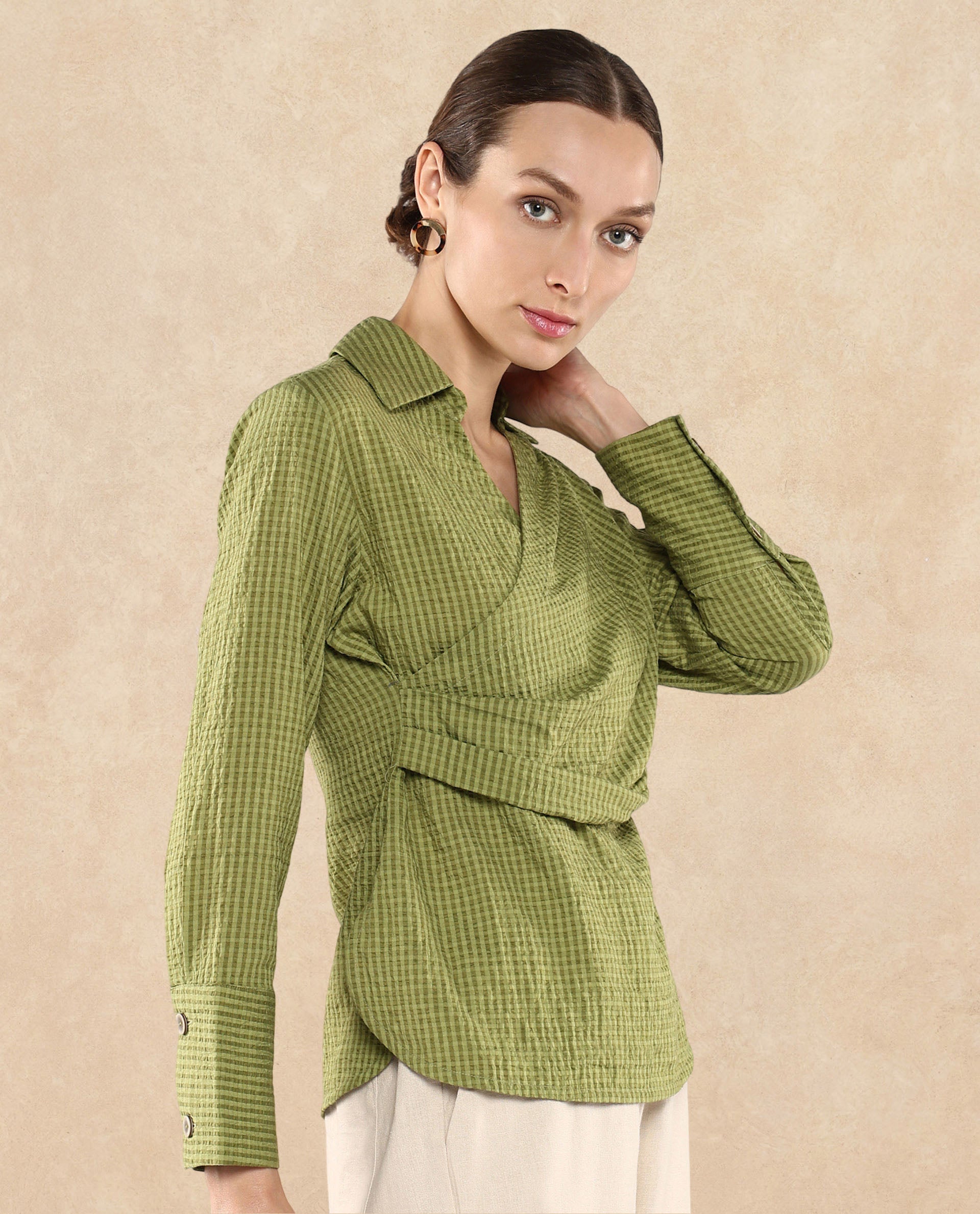 Rareism Women Duna Olive Polyester Fabric Cuffed Sleeve Jhonny Collar Plain Top