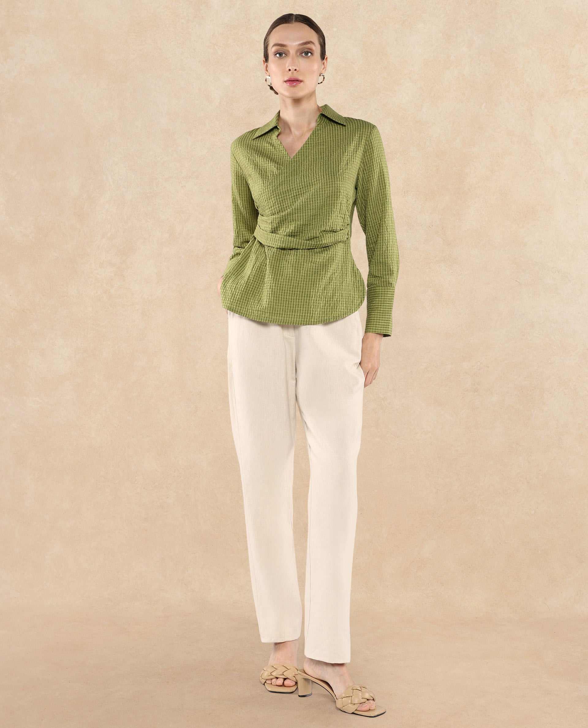 Rareism Women Duna Olive Polyester Fabric Cuffed Sleeve Jhonny Collar Plain Top