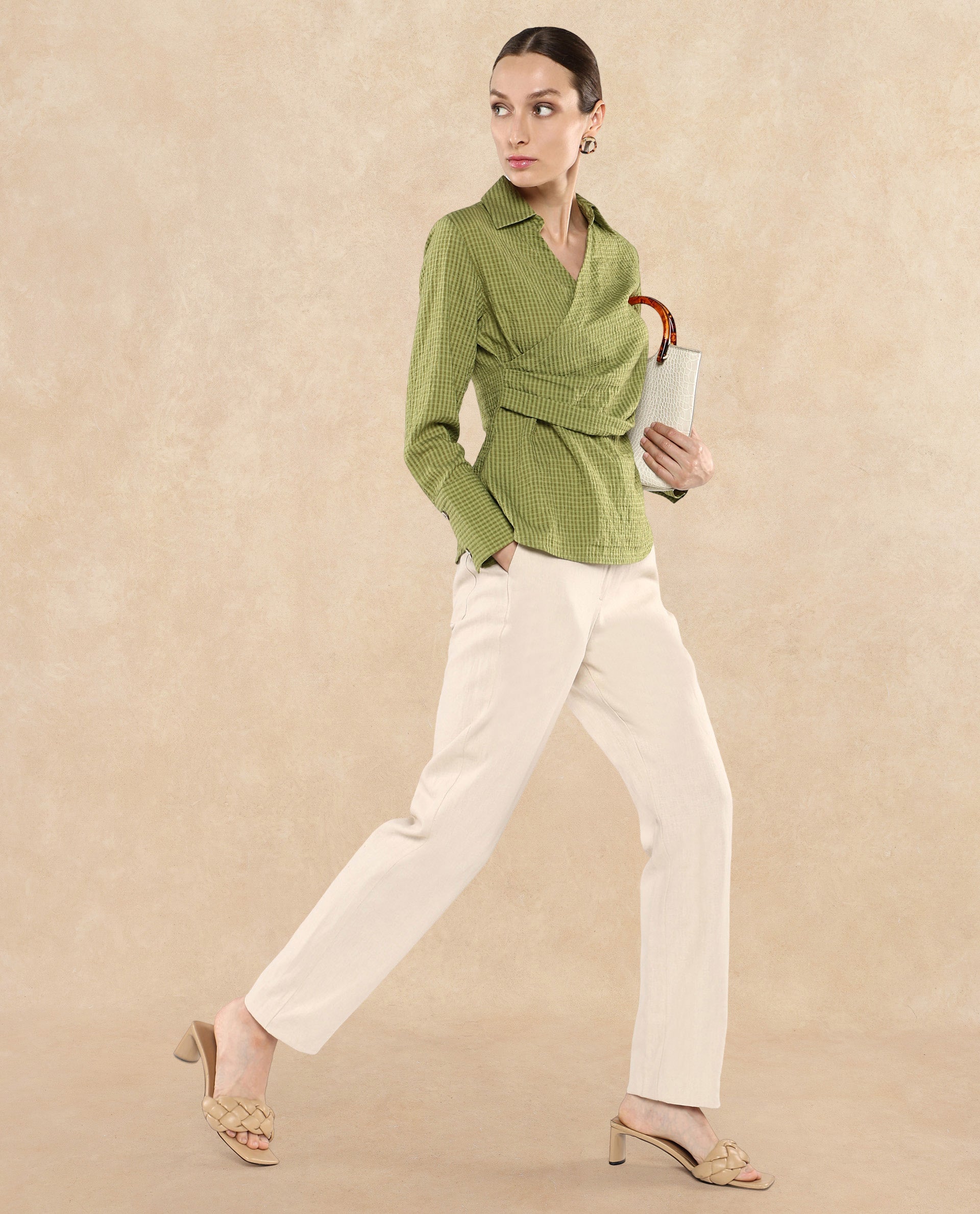 Rareism Women Duna Olive Polyester Fabric Cuffed Sleeve Jhonny Collar Plain Top