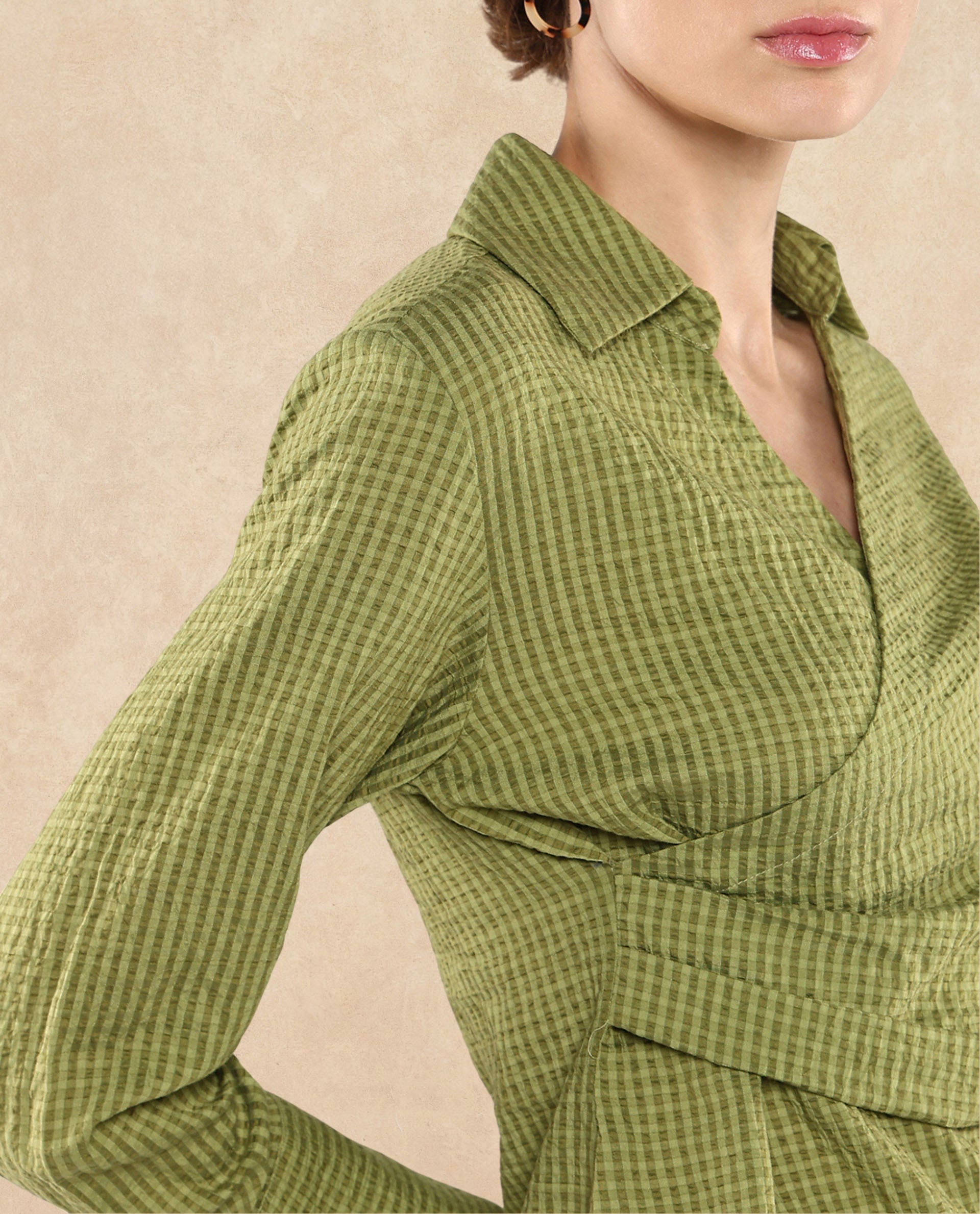 Rareism Women Duna Olive Polyester Fabric Cuffed Sleeve Jhonny Collar Plain Top