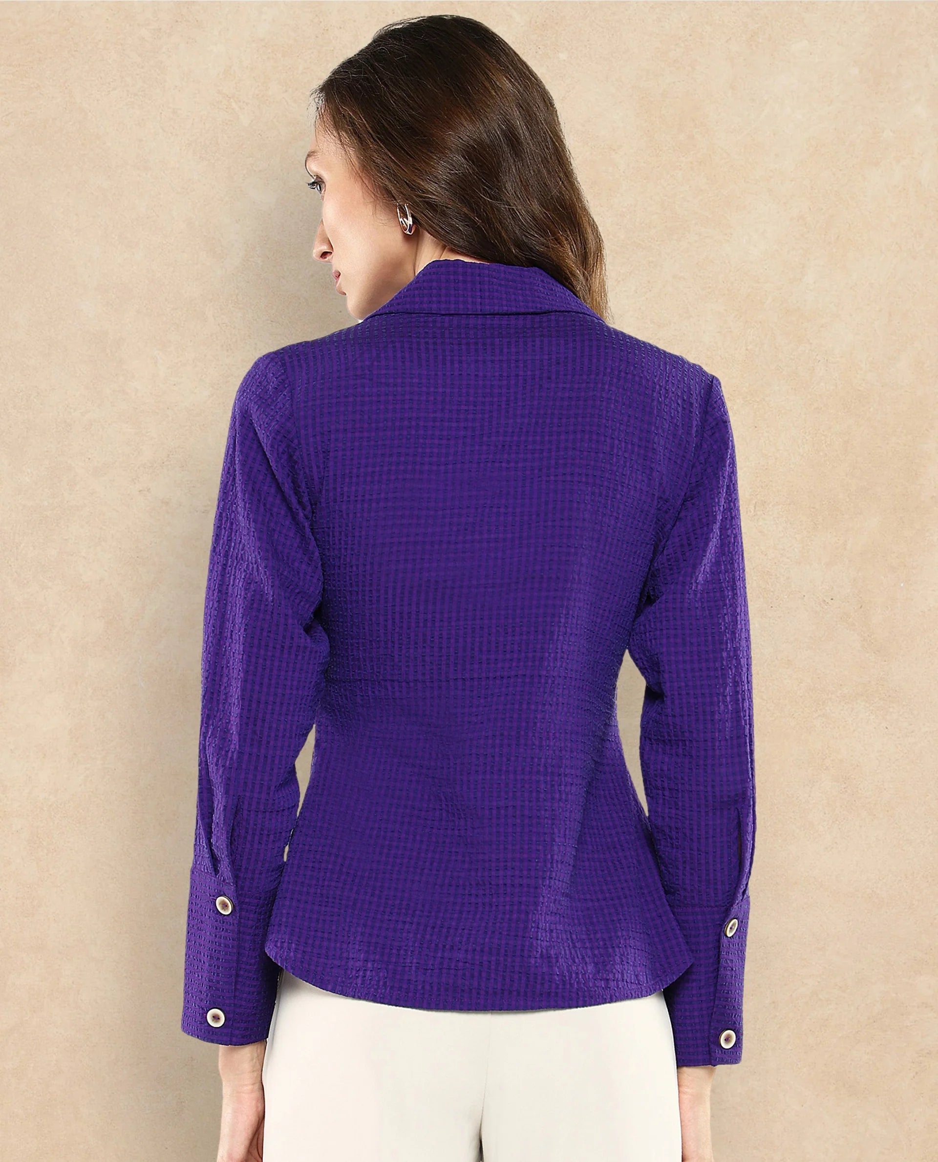 Rareism Women Duna Purple Polyester Fabric Cuffed Sleeve Jhonny Collar Plain Top