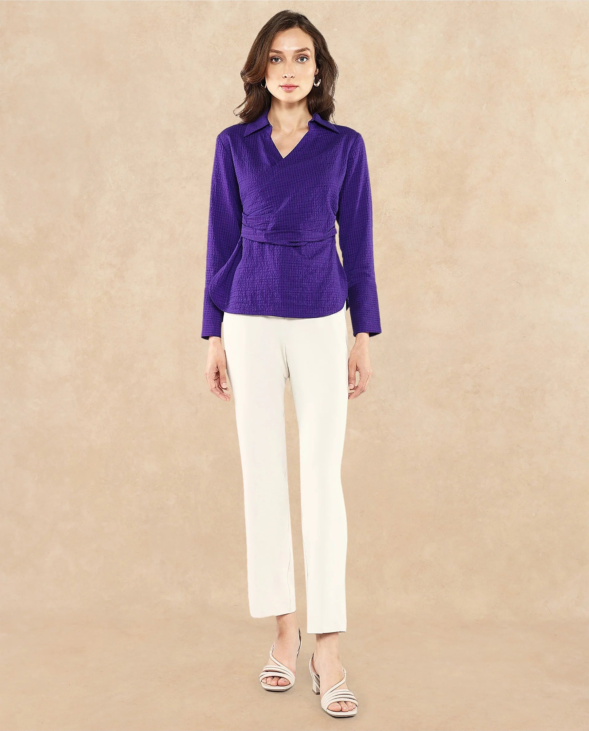 Rareism Women Duna Purple Polyester Fabric Cuffed Sleeve Jhonny Collar Plain Top