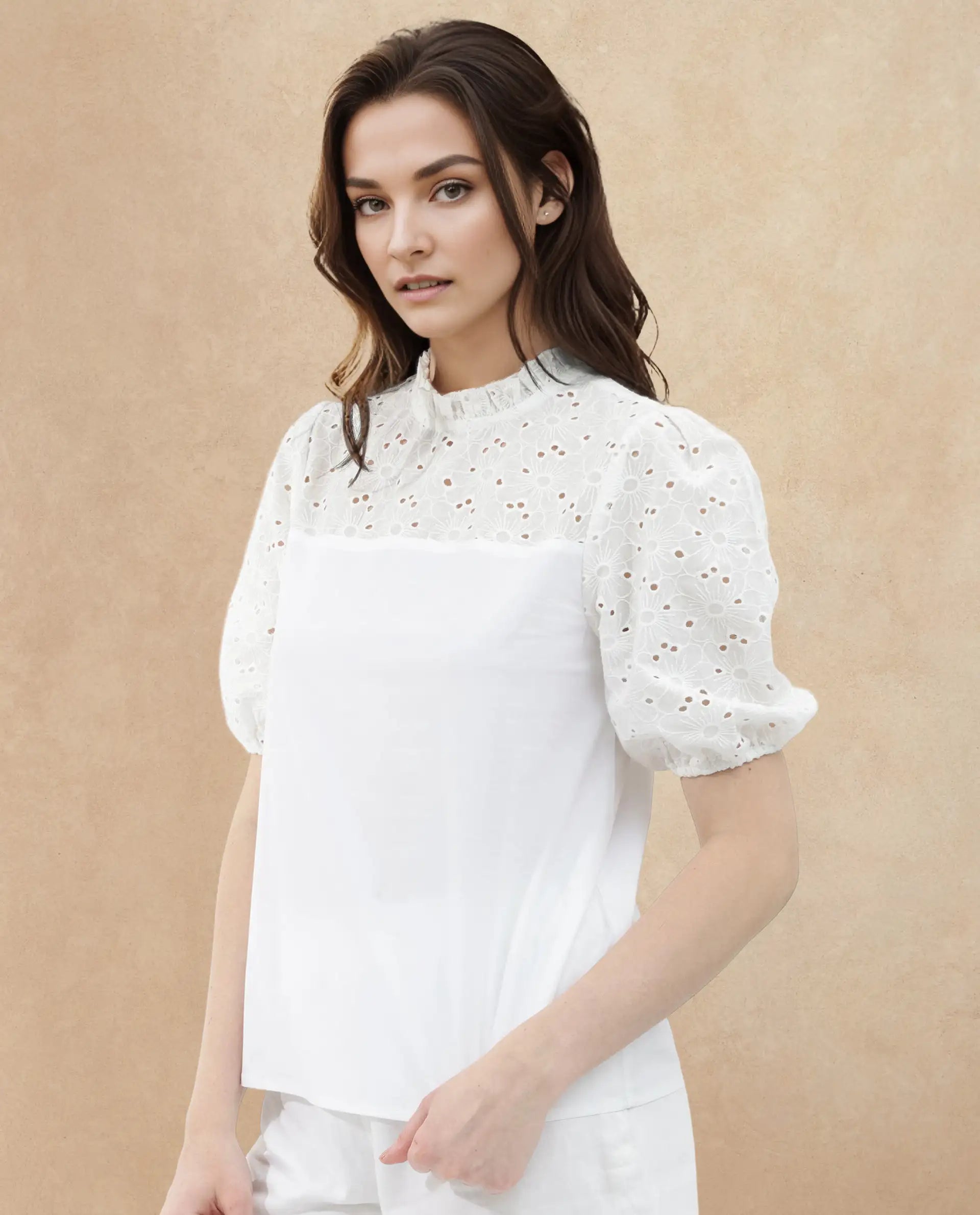 Rareism Women Dunzon White Cotton Fabric Regular Sleeves Collared Neck Solid Regular Length Top