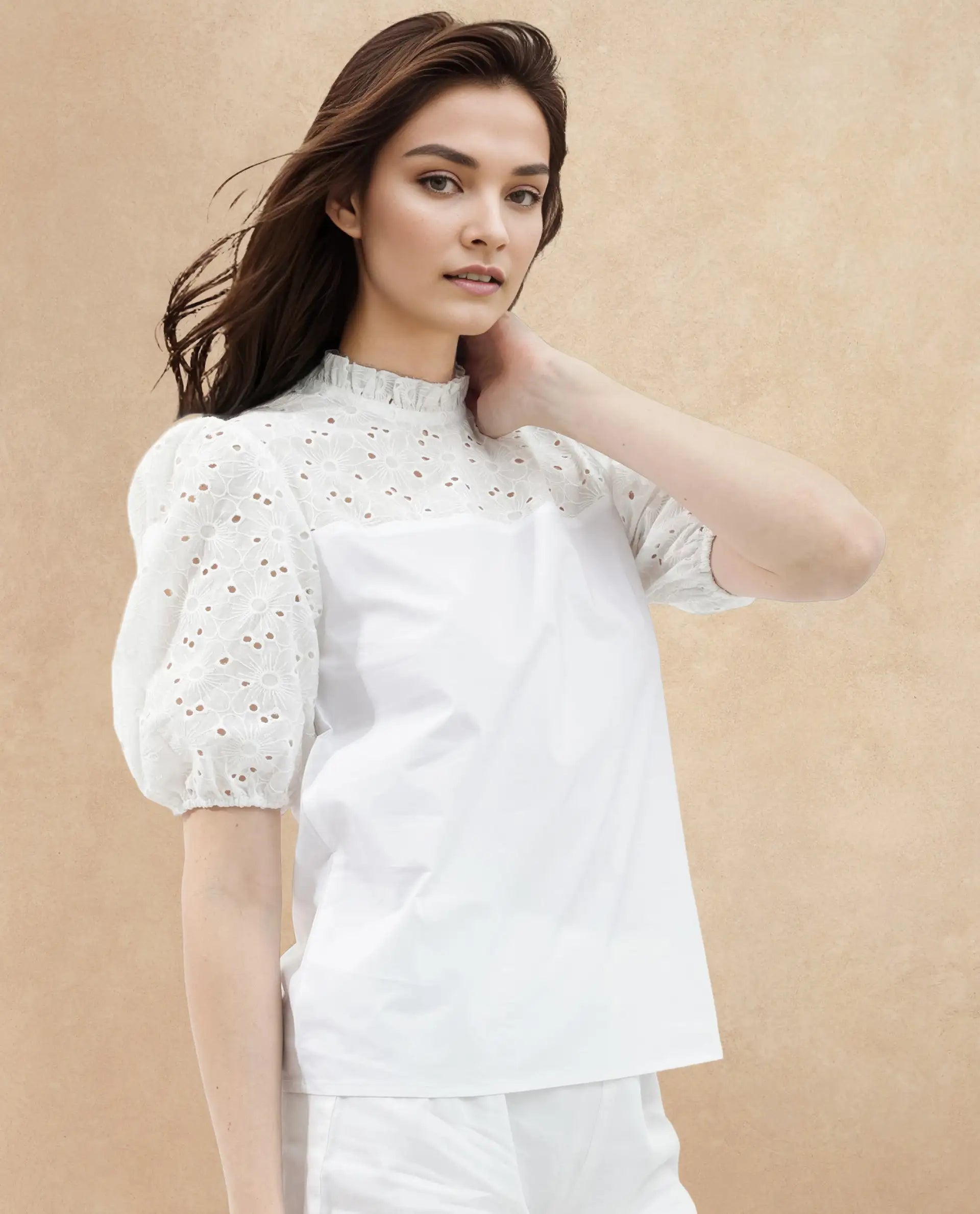 Rareism Women Dunzon White Cotton Fabric Regular Sleeves Collared Neck Solid Regular Length Top