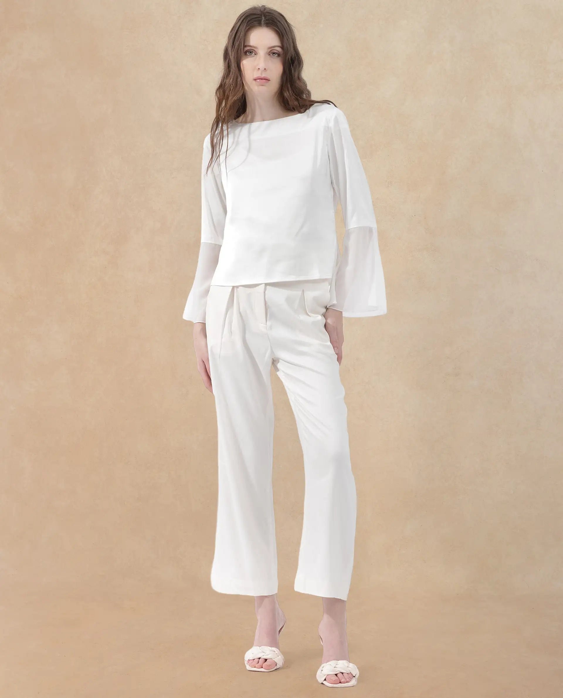 Rareism Women Duvall White Polyester Fabric Full Sleeve Round Neck Solid Regular Length Top