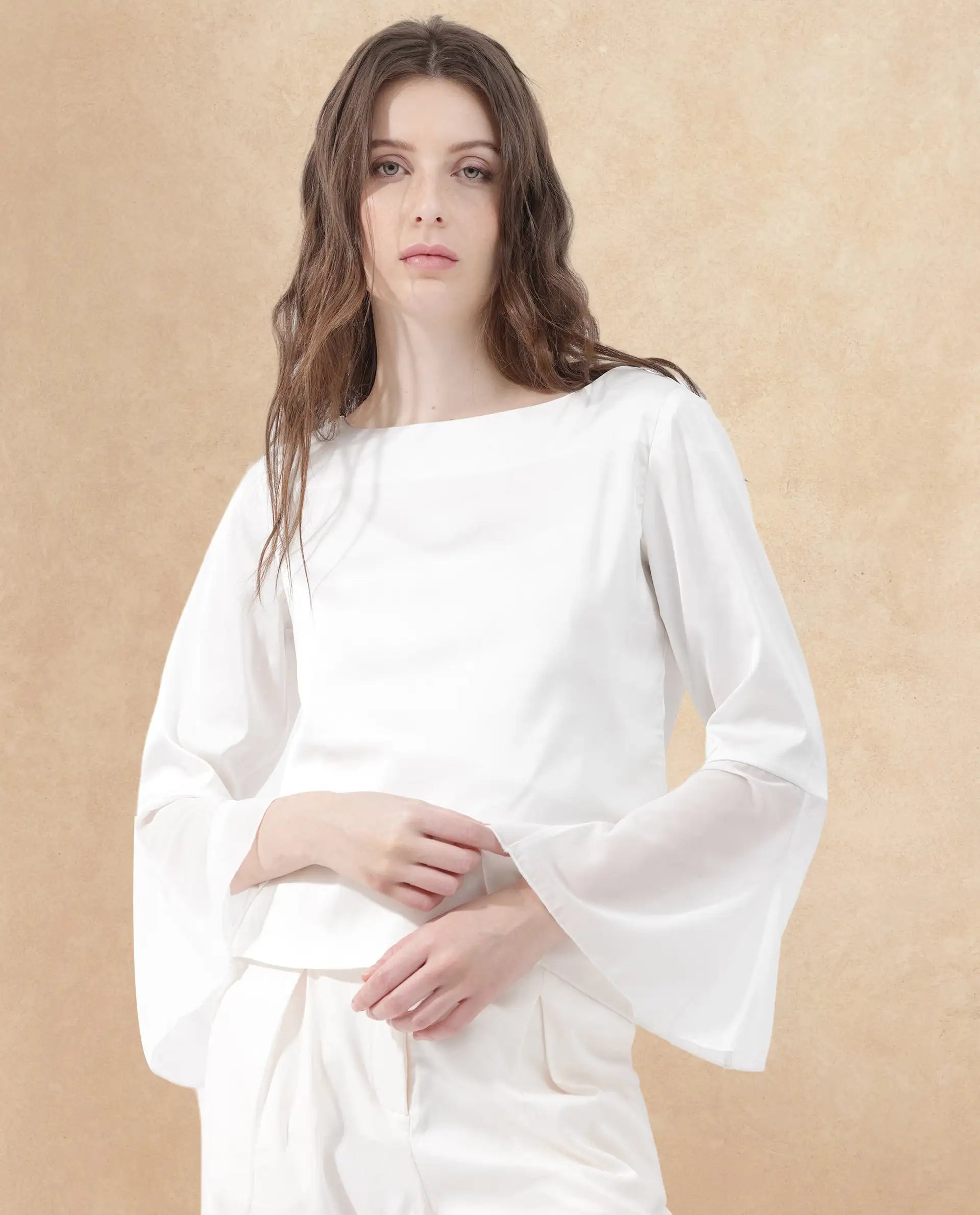 Rareism Women Duvall White Polyester Fabric Full Sleeve Round Neck Solid Regular Length Top