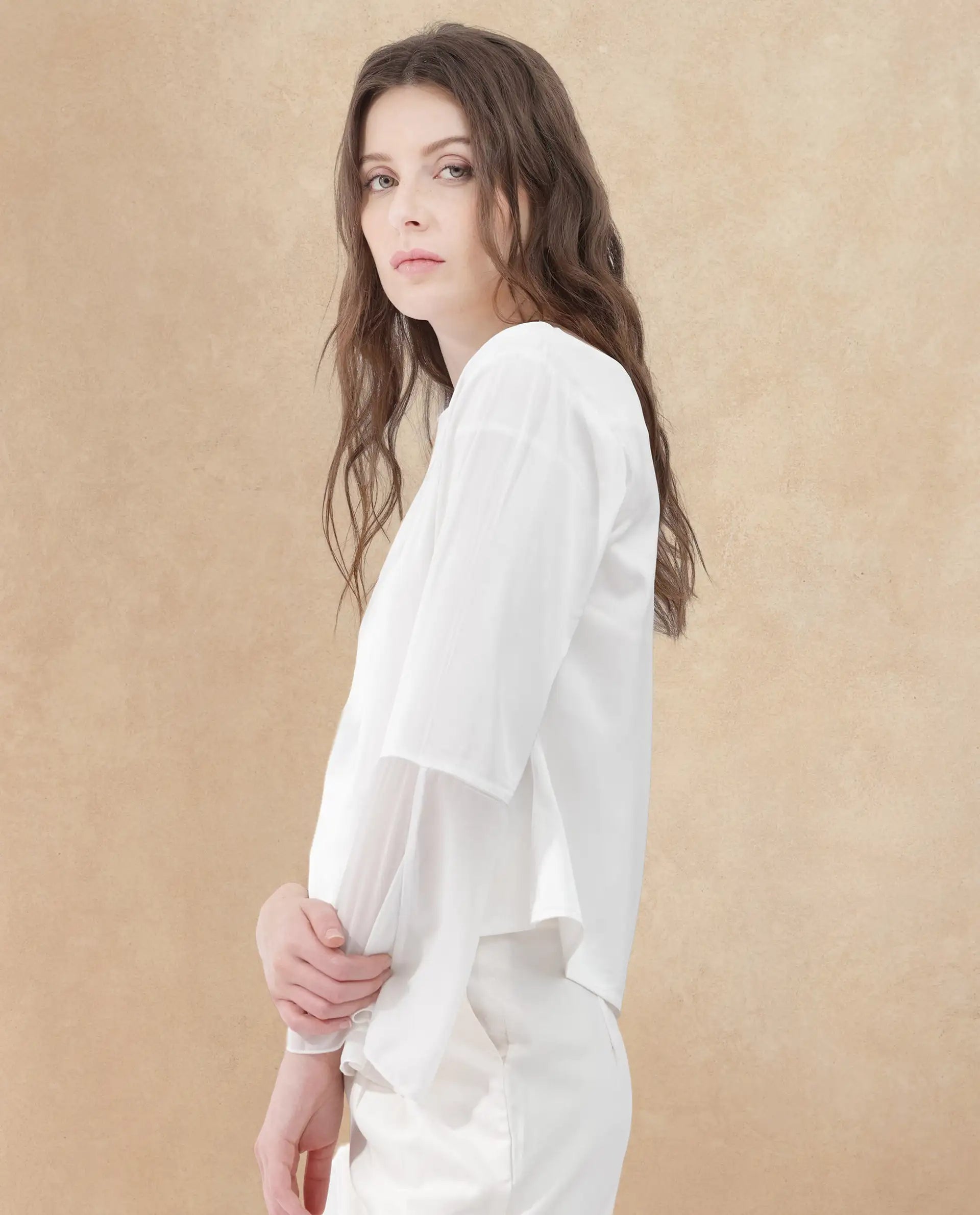 Rareism Women Duvall White Polyester Fabric Full Sleeve Round Neck Solid Regular Length Top