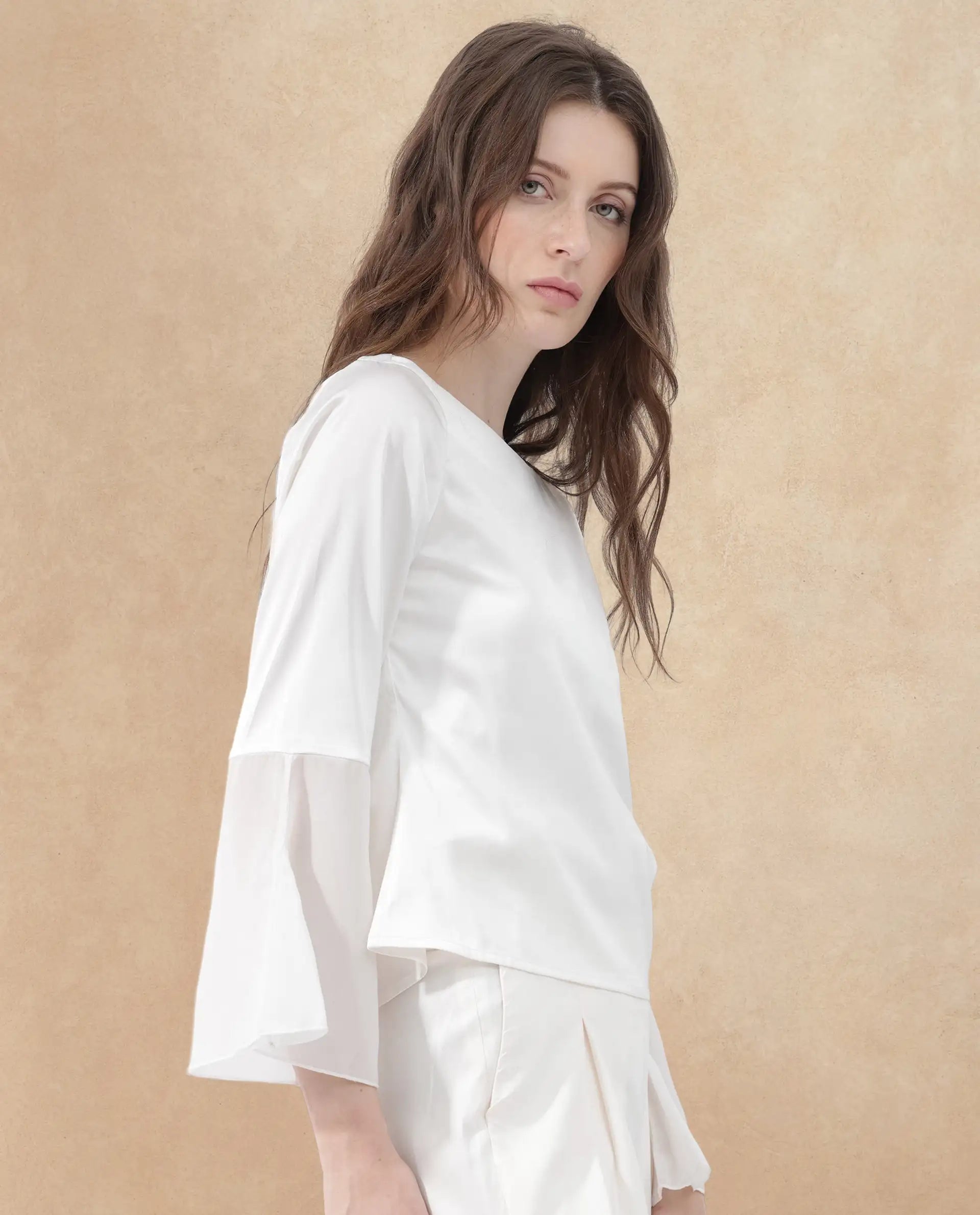 Rareism Women Duvall White Polyester Fabric Full Sleeve Round Neck Solid Regular Length Top