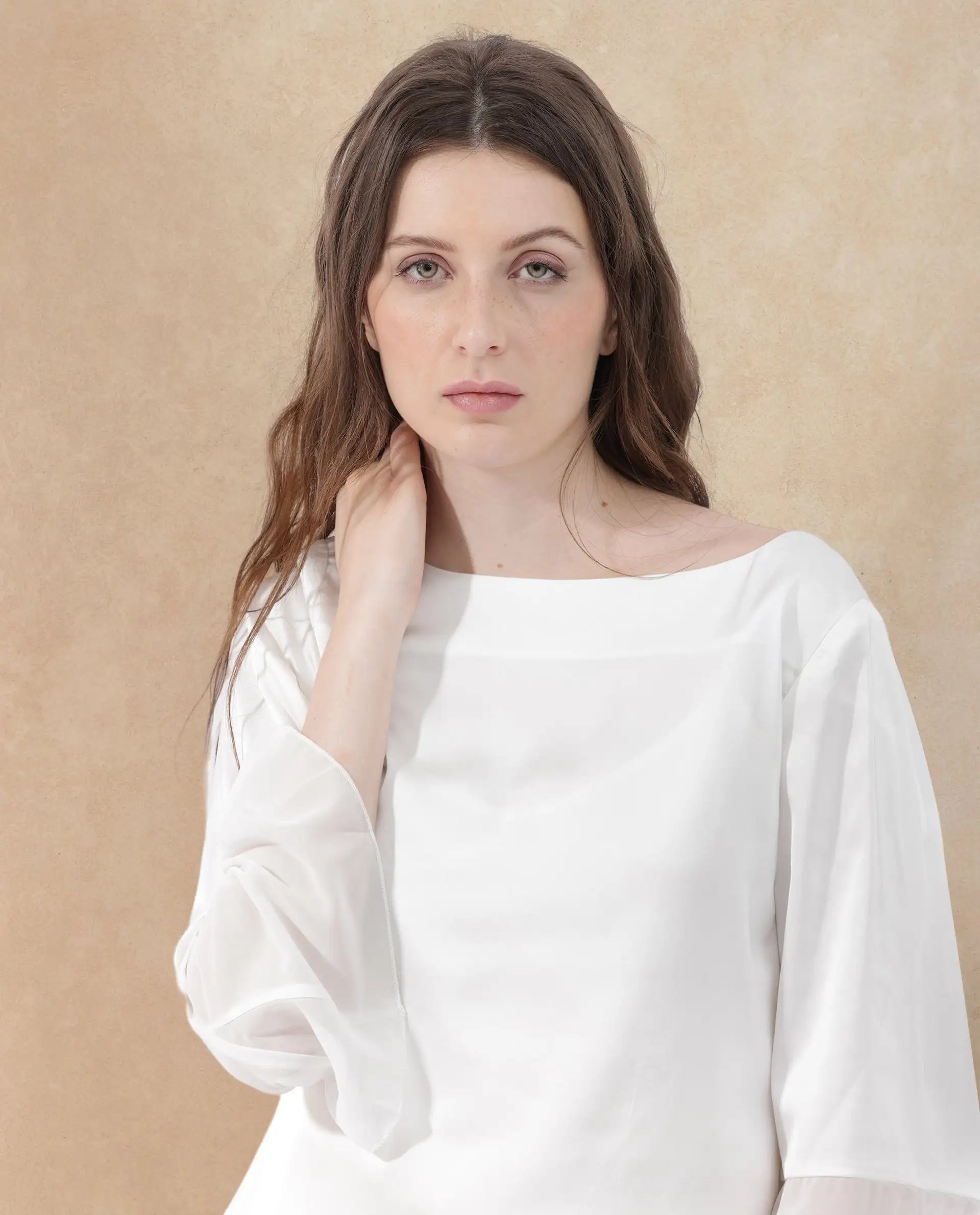 Rareism Women Duvall White Polyester Fabric Full Sleeve Round Neck Solid Regular Length Top