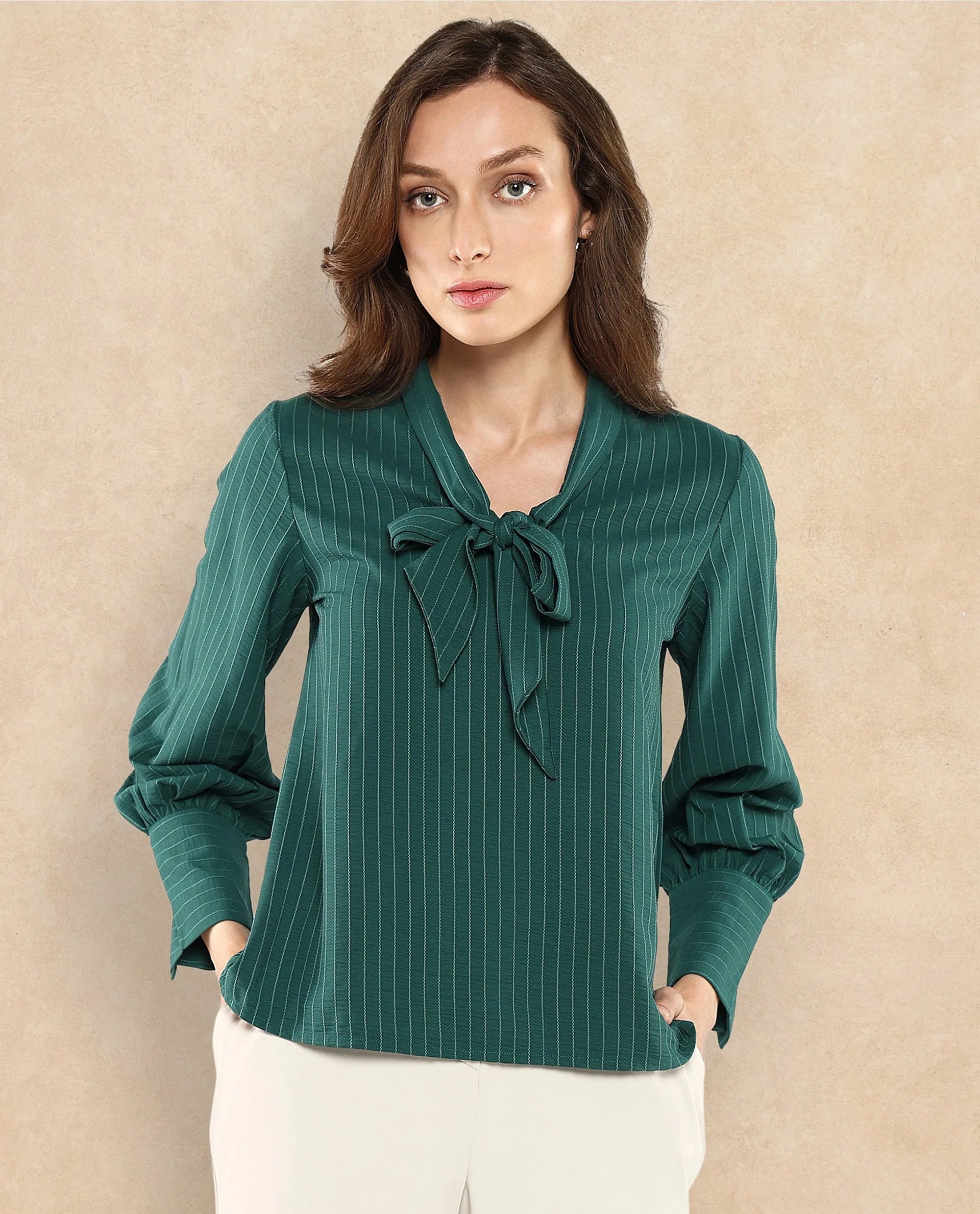 Rareism Women Eawho Green Bishop Sleeve Tie-Up Neck Plain Top