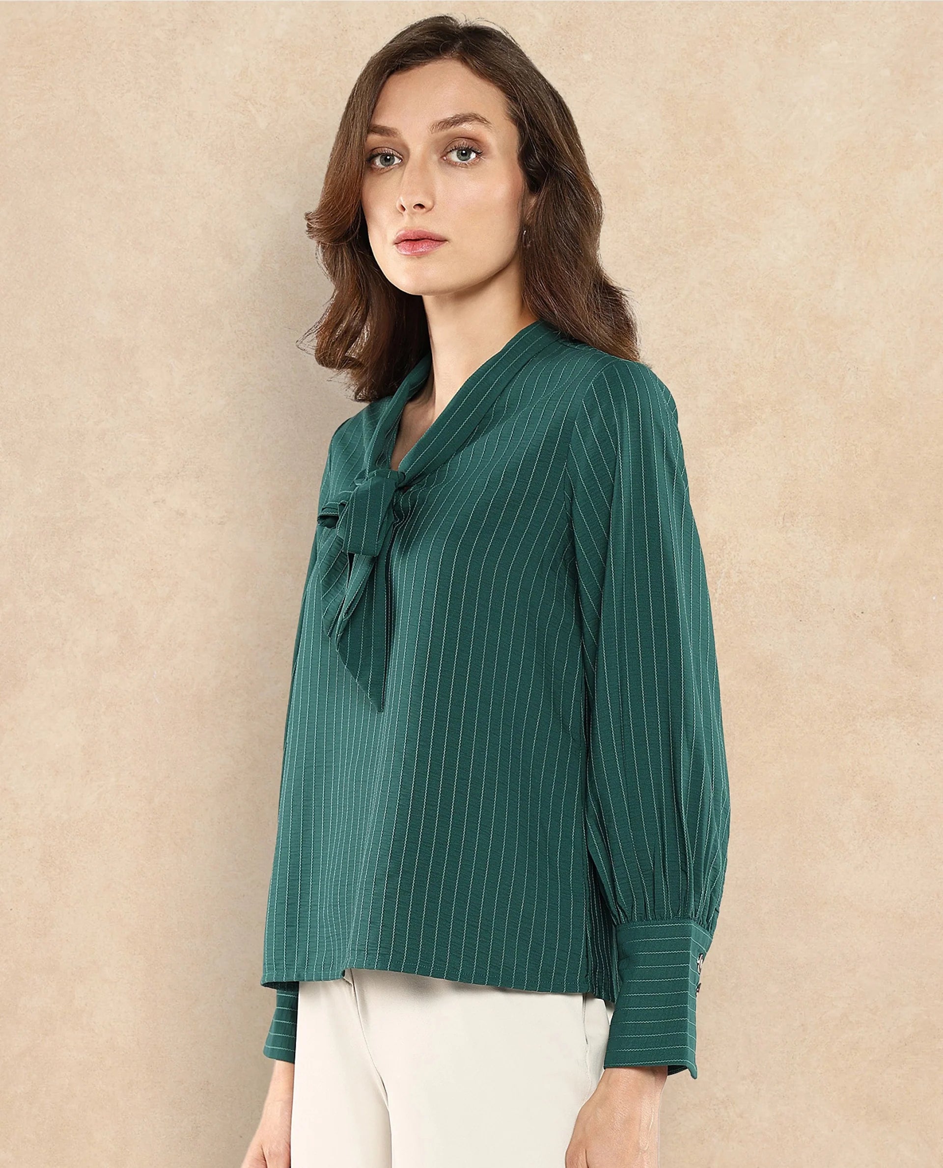 Rareism Women Eawho Green Bishop Sleeve Tie-Up Neck Plain Top