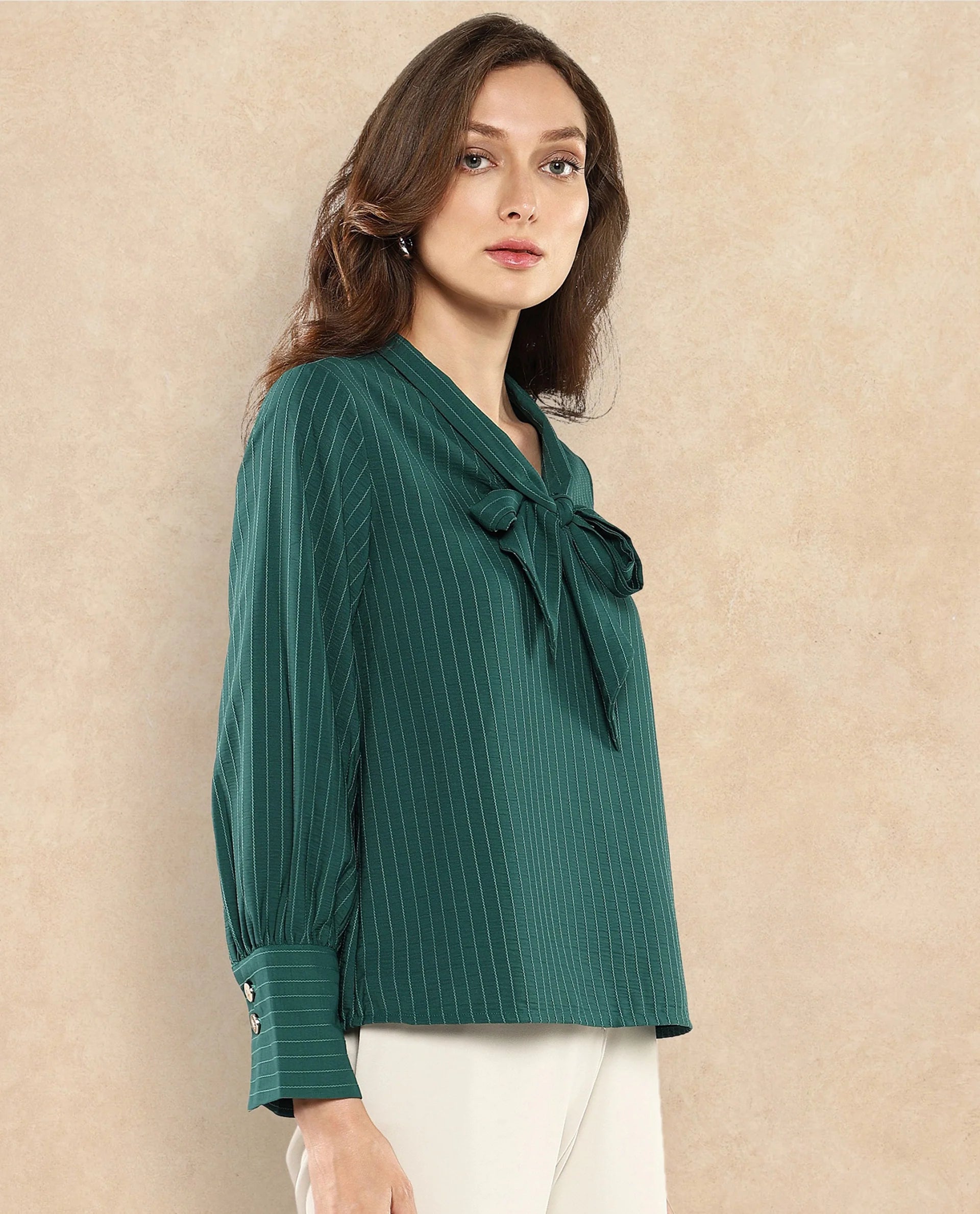 Rareism Women Eawho Green Bishop Sleeve Tie-Up Neck Plain Top