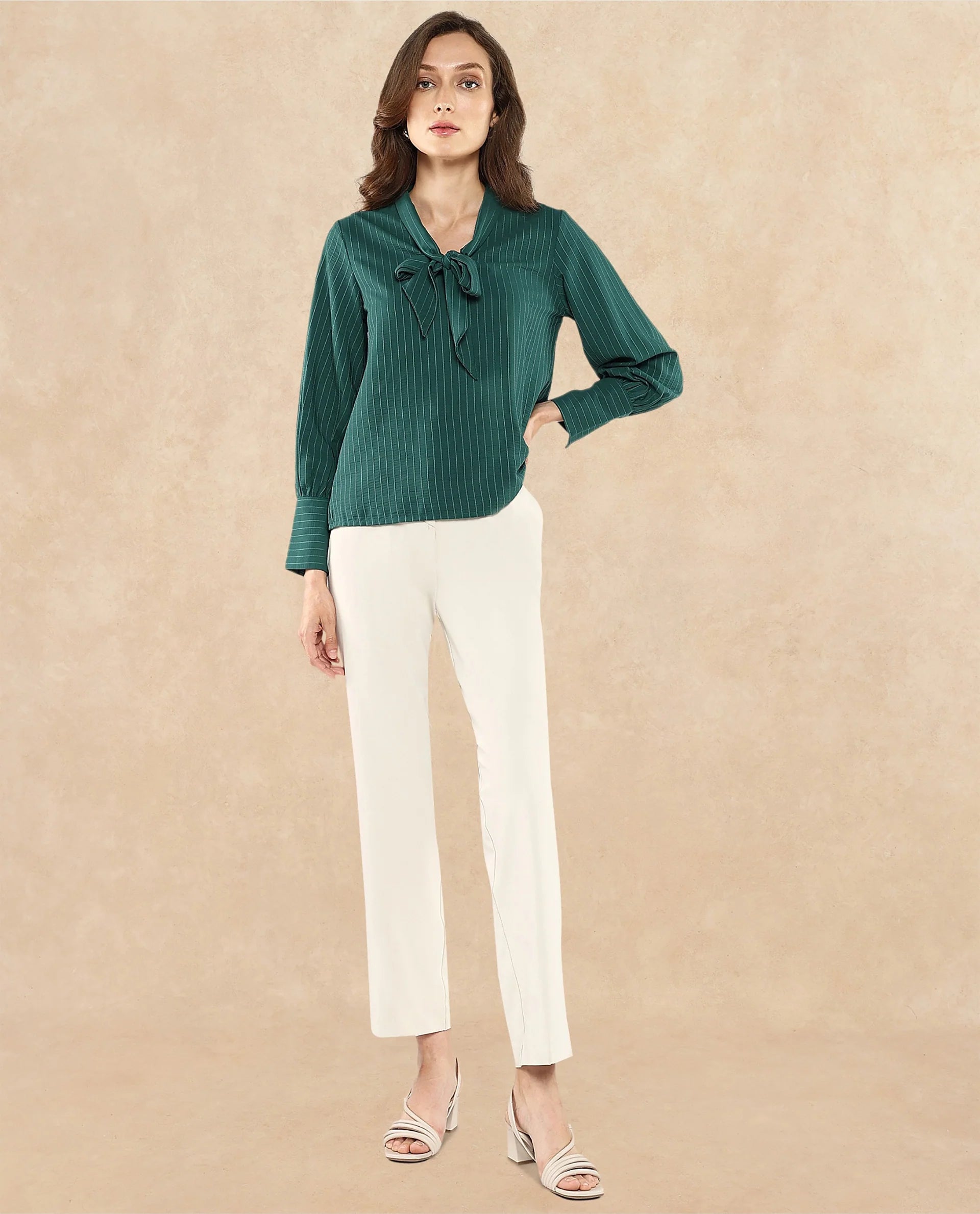 Rareism Women Eawho Green Bishop Sleeve Tie-Up Neck Plain Top