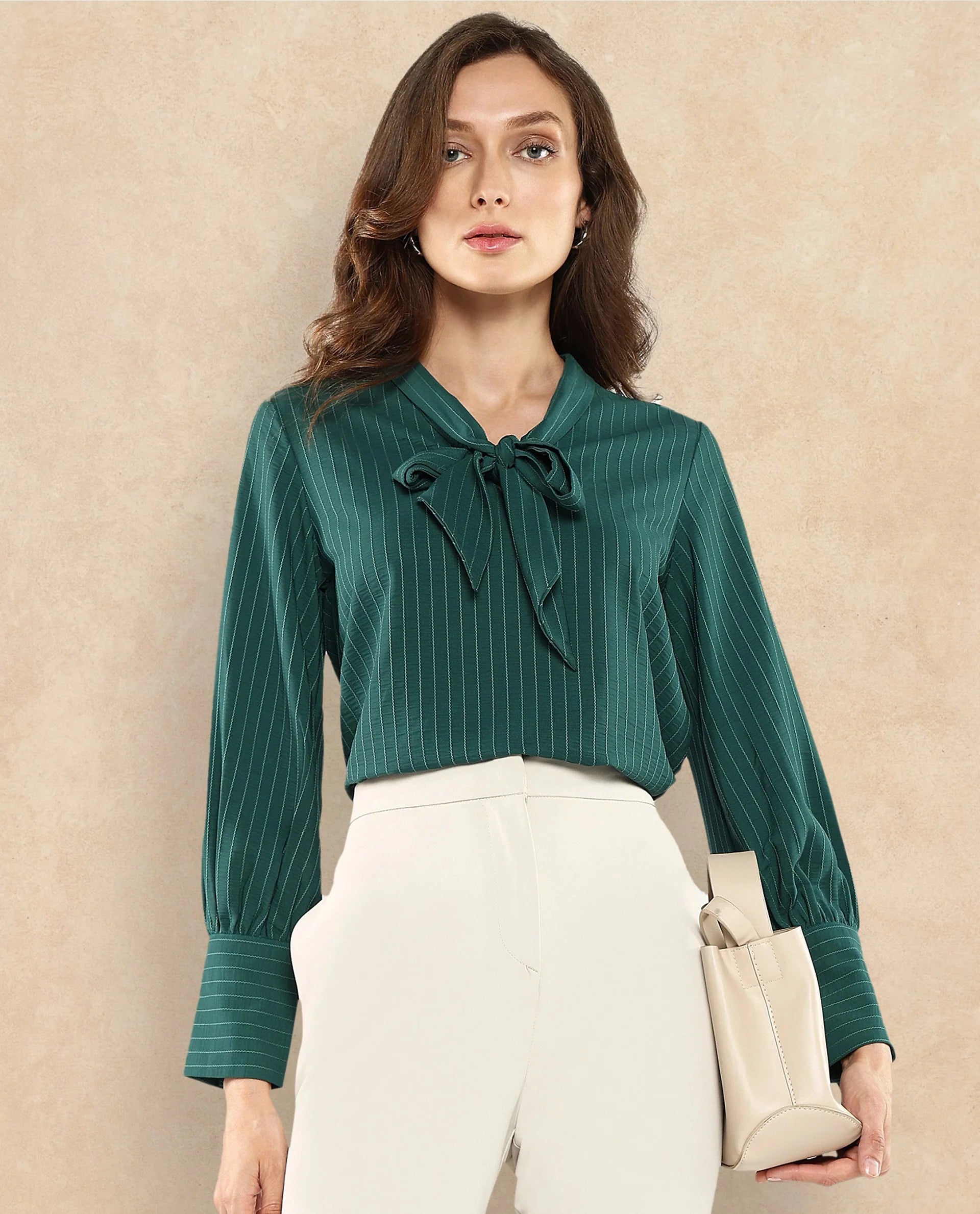 Rareism Women Eawho Green Bishop Sleeve Tie-Up Neck Plain Top