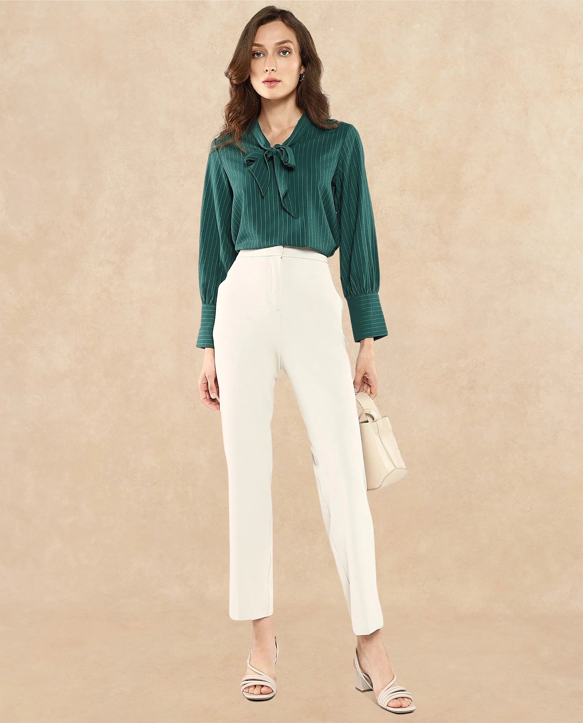 Rareism Women Eawho Green Bishop Sleeve Tie-Up Neck Plain Top