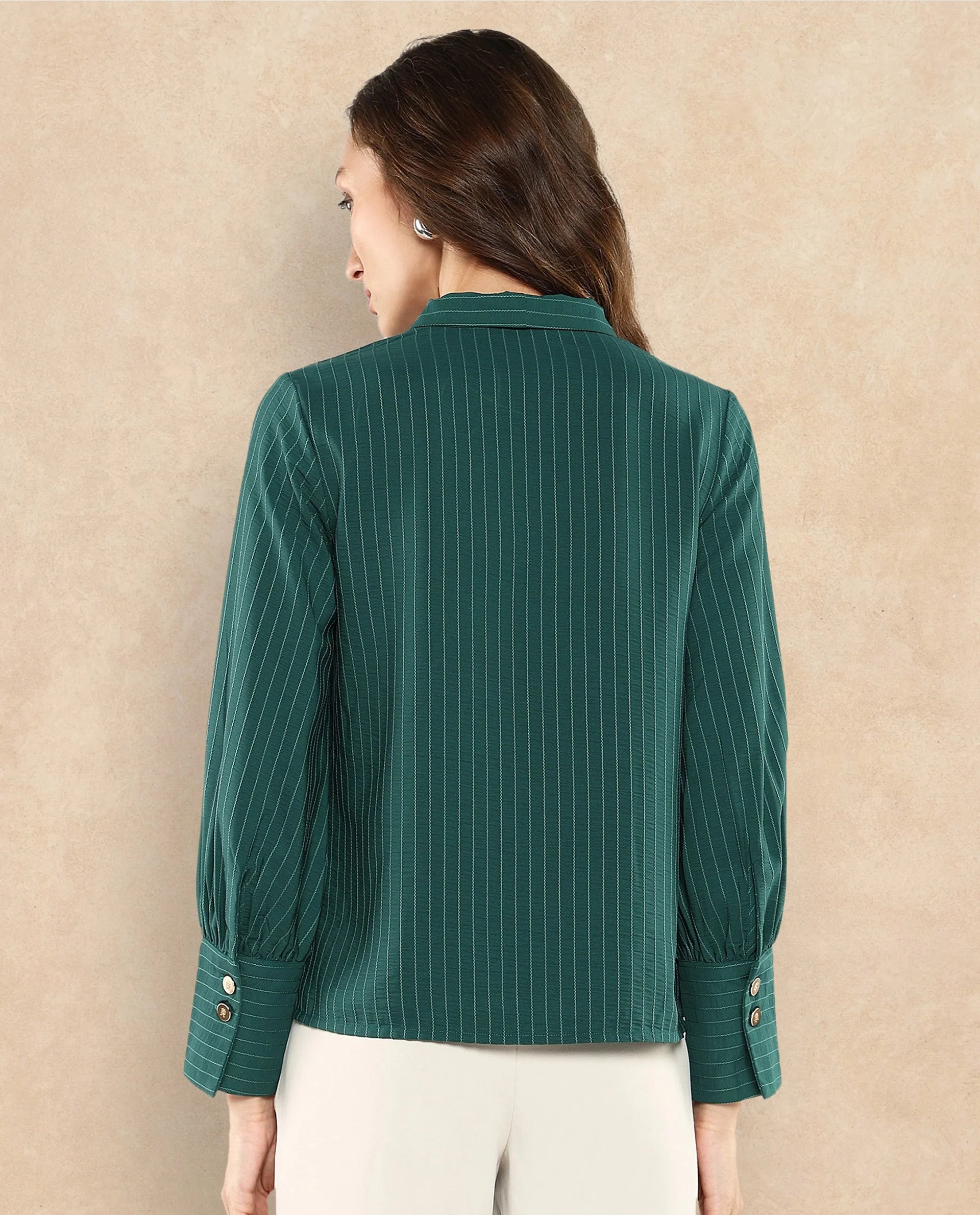 Rareism Women Eawho Green Bishop Sleeve Tie-Up Neck Plain Top