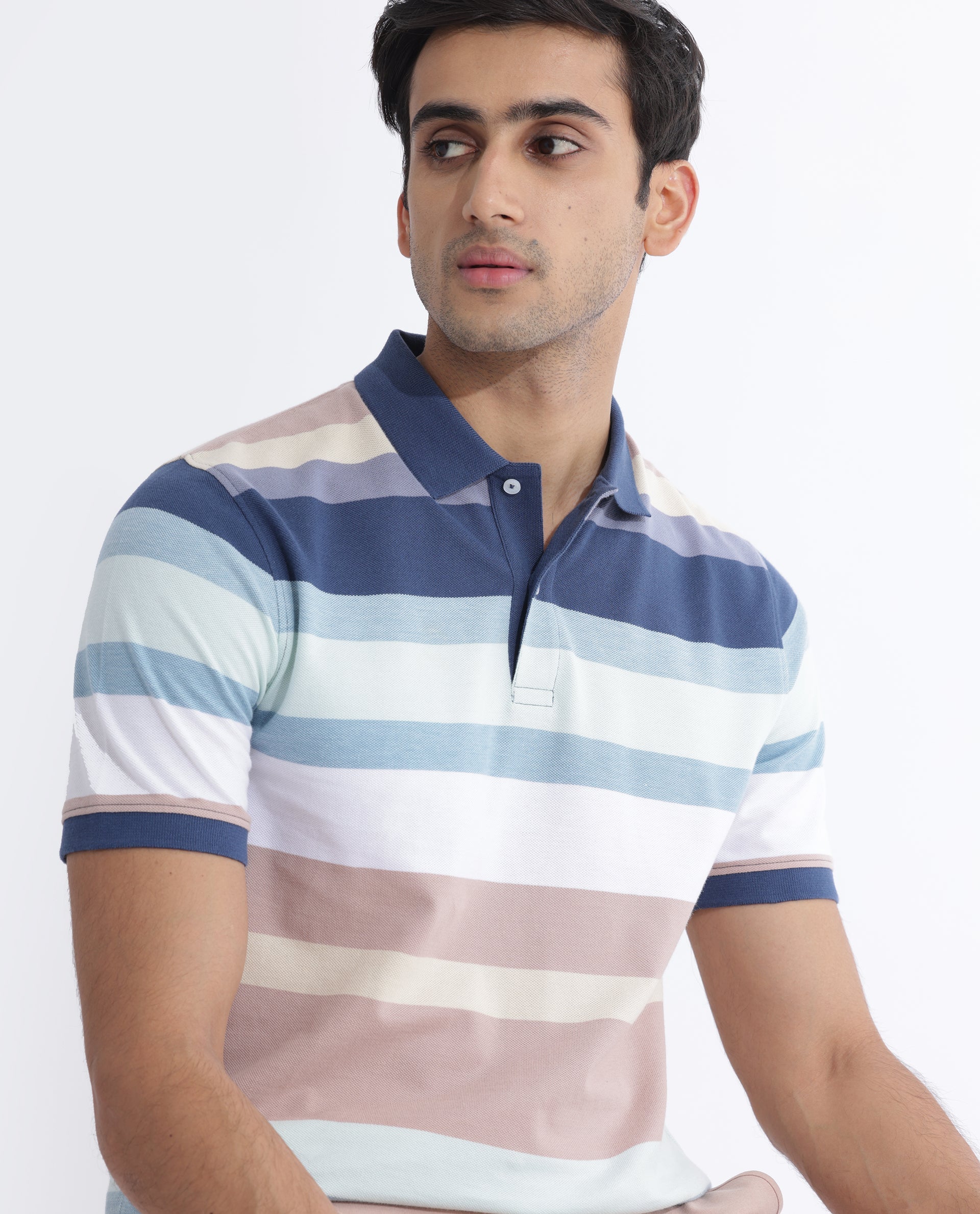 Rare Rabbit Men's Edeet Purple Cotton Fabric Collared Neck  Half Sleeves Striped Polo T-Shirt