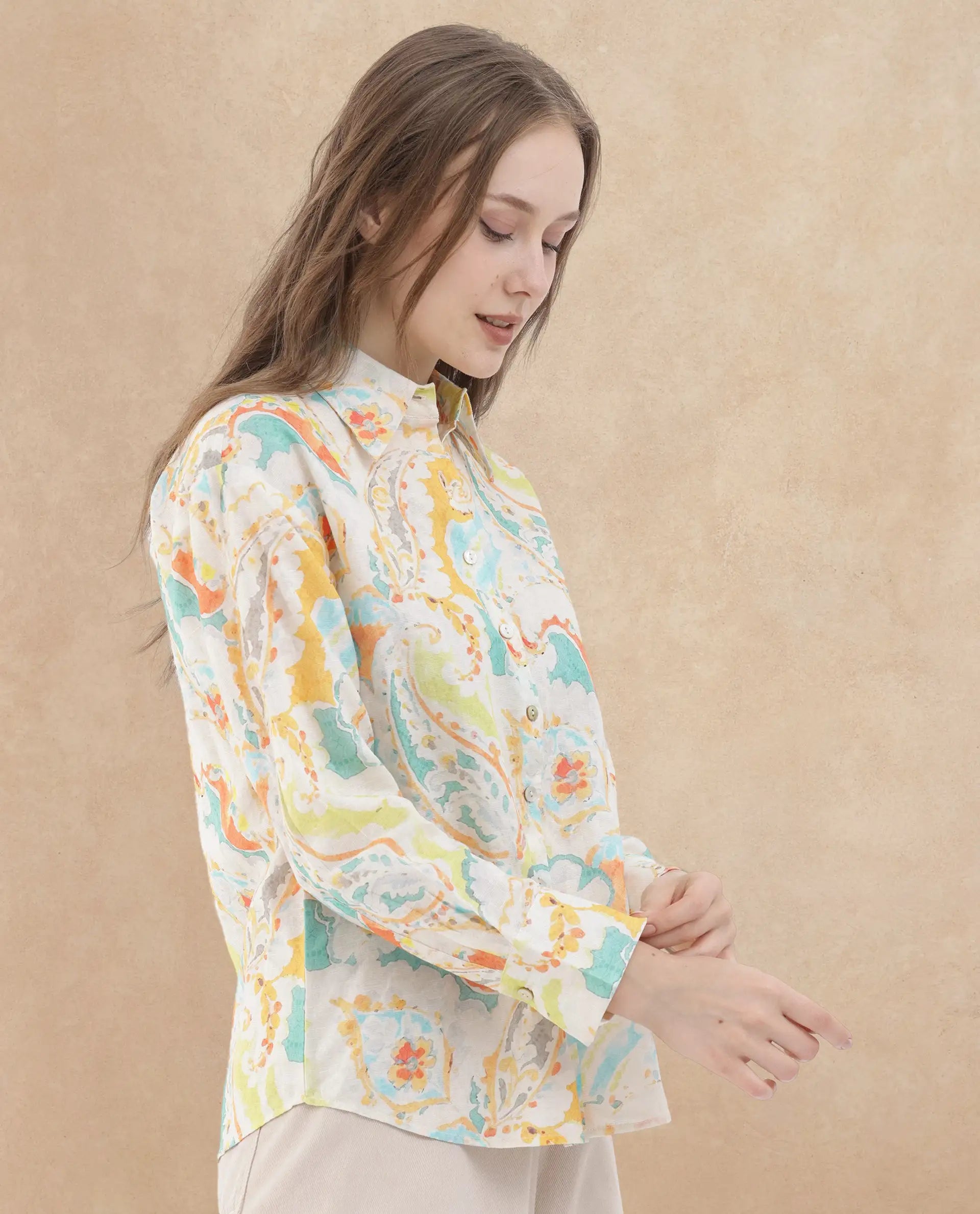 Rareism Women Egor Fluorescent Multi Cotton Fabric Full Sleeves Button Closure Collar Regular Fit Paisley Print Shirt