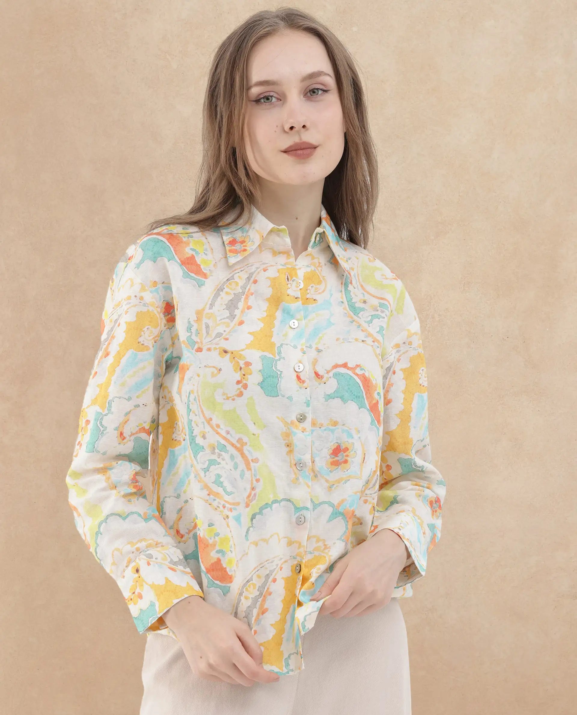 Rareism Women Egor Fluorescent Multi Cotton Fabric Full Sleeves Button Closure Collar Regular Fit Paisley Print Shirt