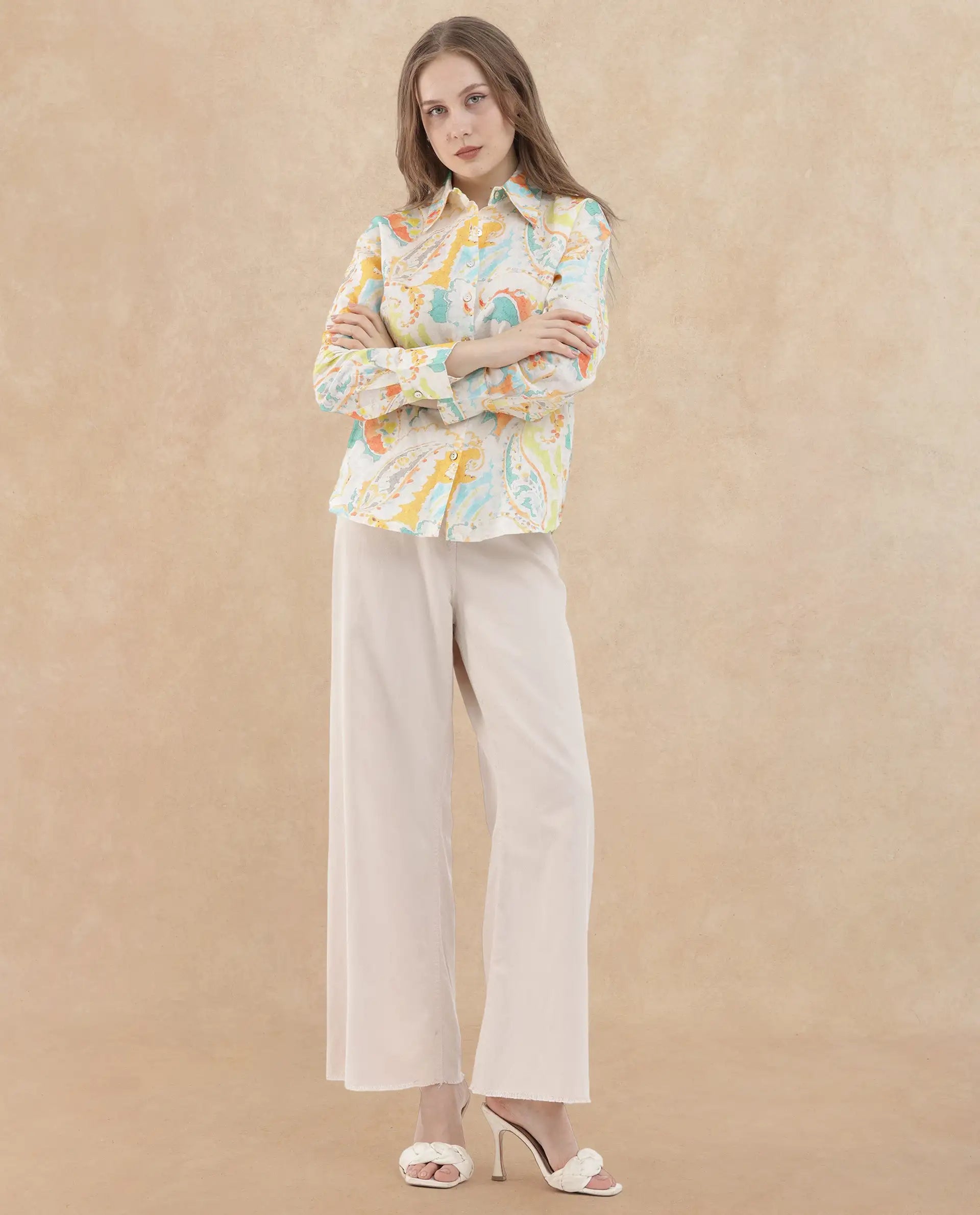 Rareism Women Egor Fluorescent Multi Cotton Fabric Full Sleeves Button Closure Collar Regular Fit Paisley Print Shirt