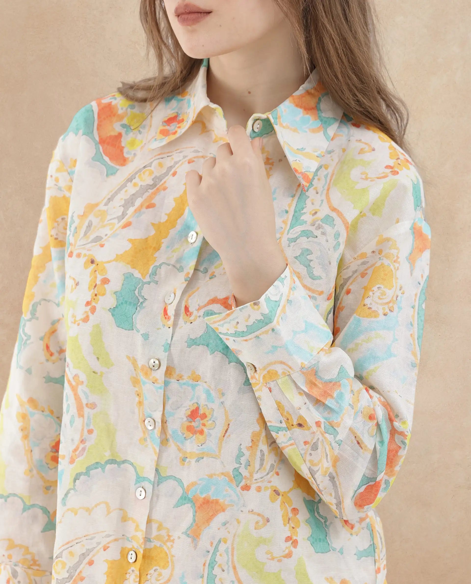 Rareism Women Egor Fluorescent Multi Cotton Fabric Full Sleeves Button Closure Collar Regular Fit Paisley Print Shirt