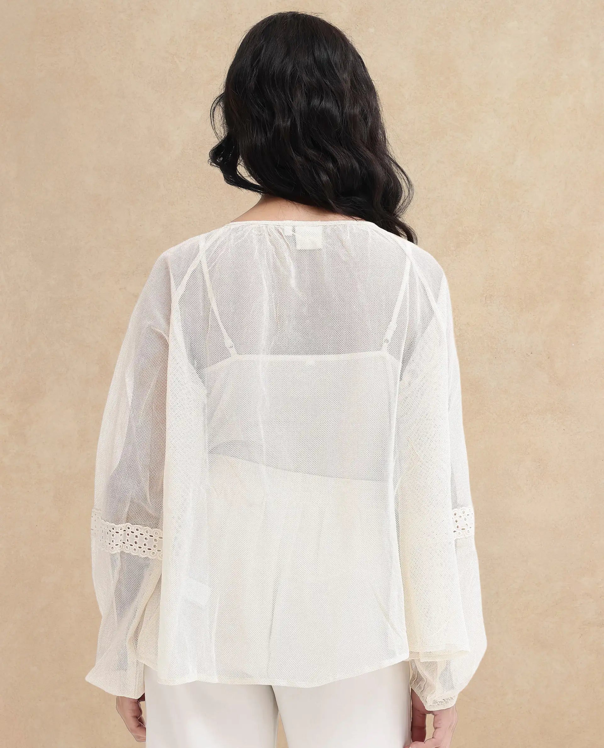 Rareism Womens Ela Light Beige Solid Embroidered Neck Top