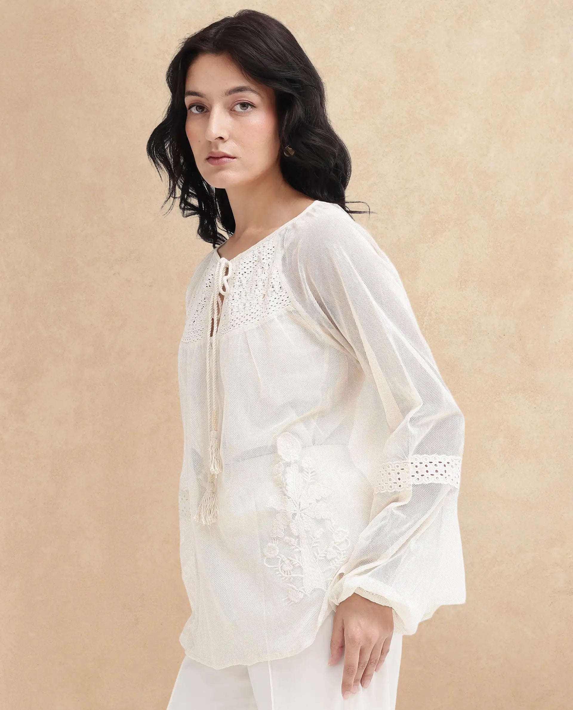 Rareism Womens Ela Light Beige Solid Embroidered Neck Top