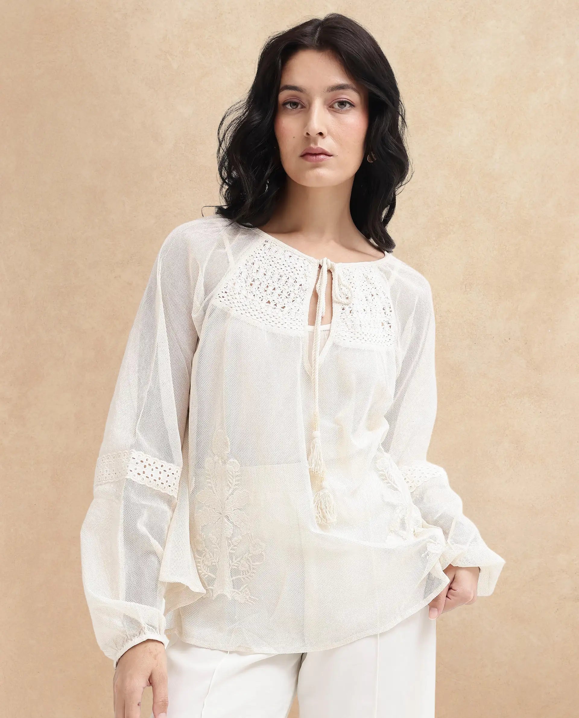 Rareism Womens Ela Light Beige Solid Embroidered Neck Top