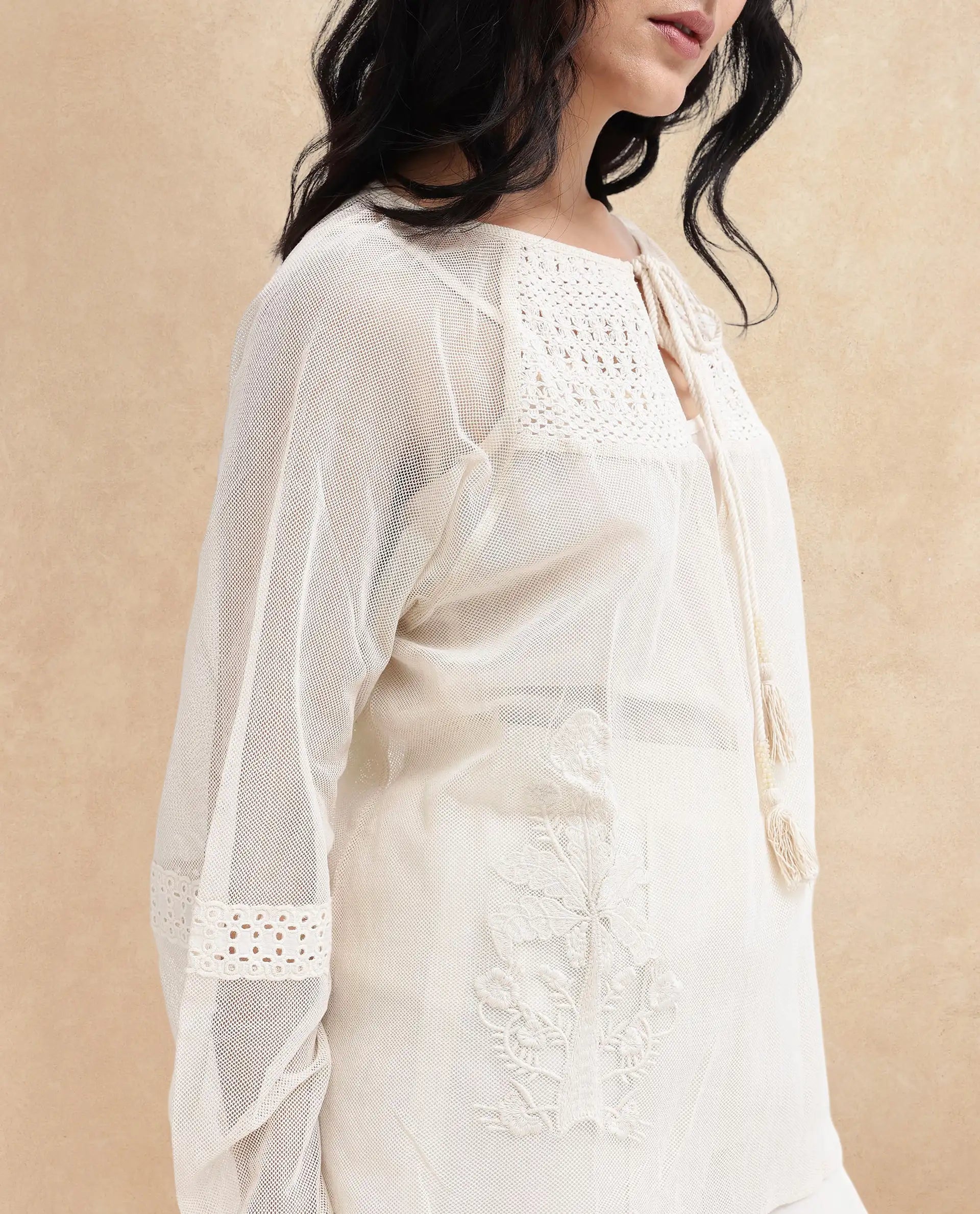 Rareism Womens Ela Light Beige Solid Embroidered Neck Top