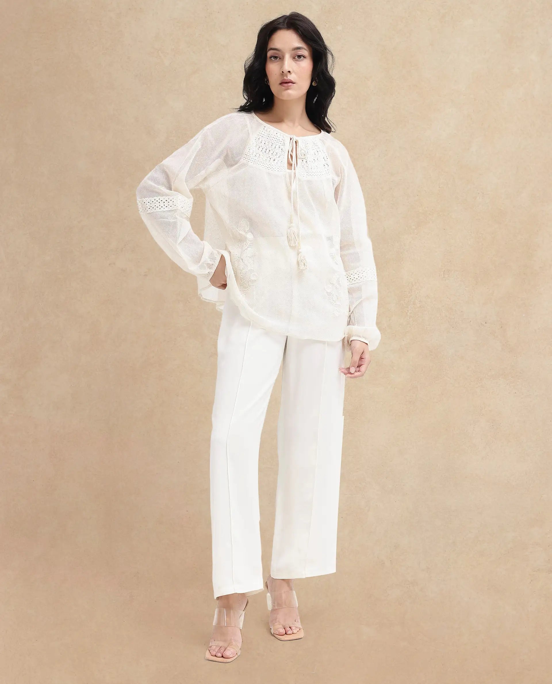 Rareism Womens Ela Light Beige Solid Embroidered Neck Top