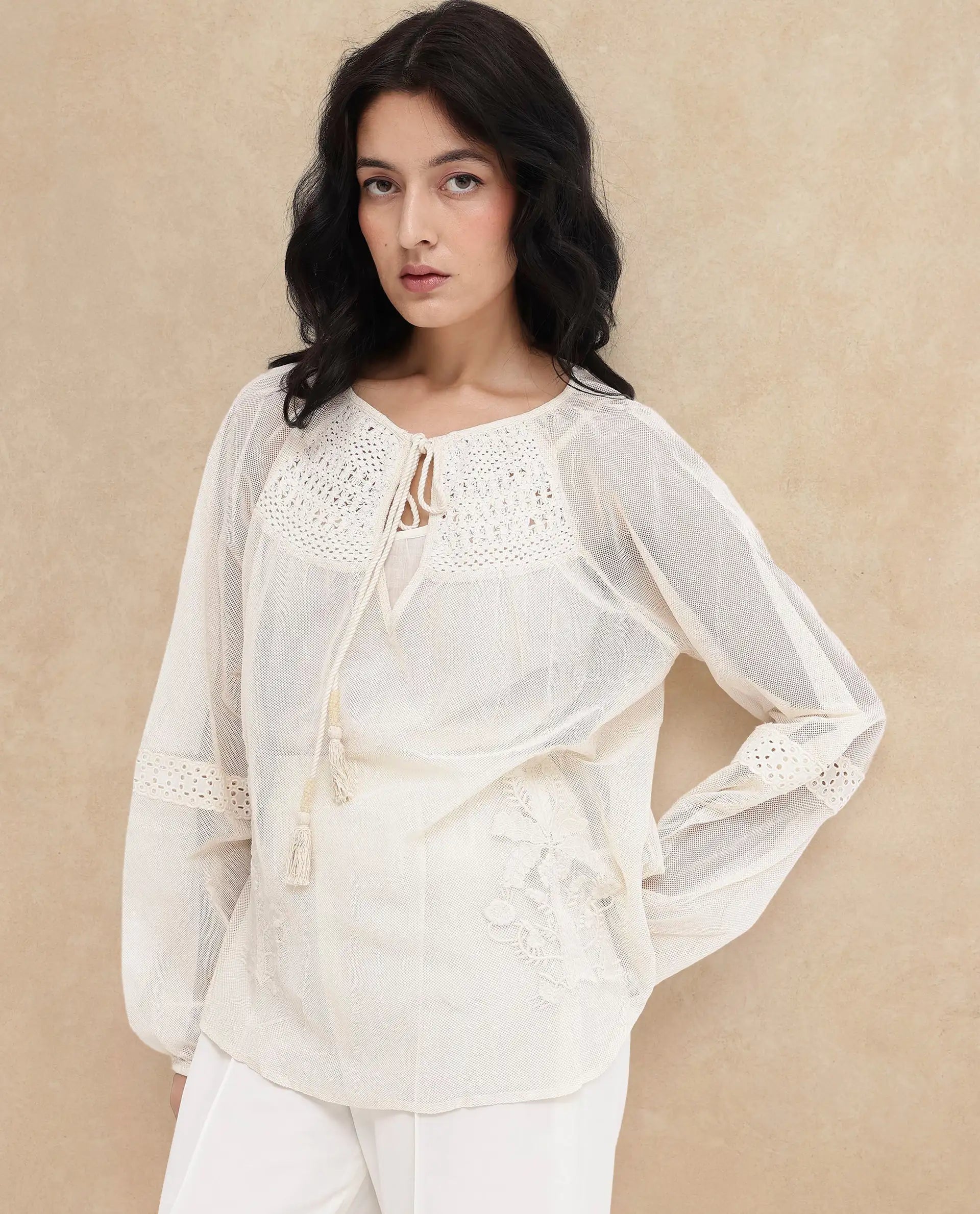 Rareism Womens Ela Light Beige Solid Embroidered Neck Top