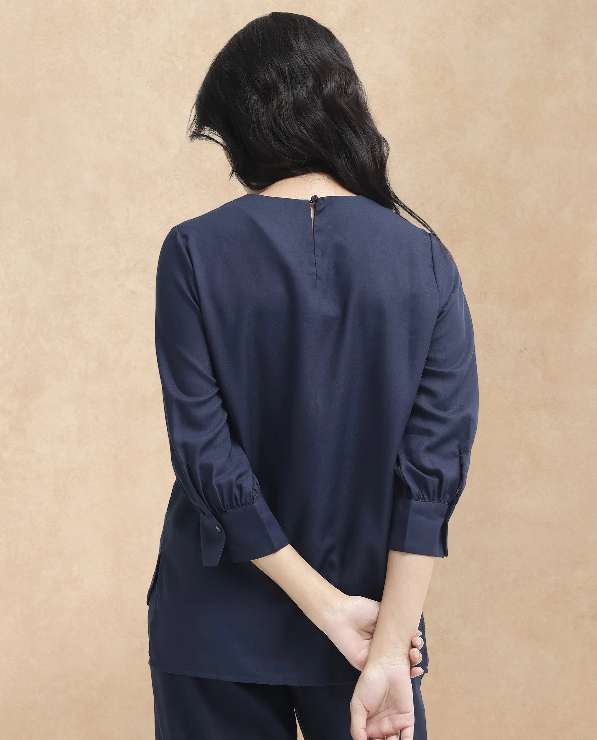 Rareism Women Elara Navy Polyester Fabric Full Sleeve Round Neck Solid Regular Fit Top