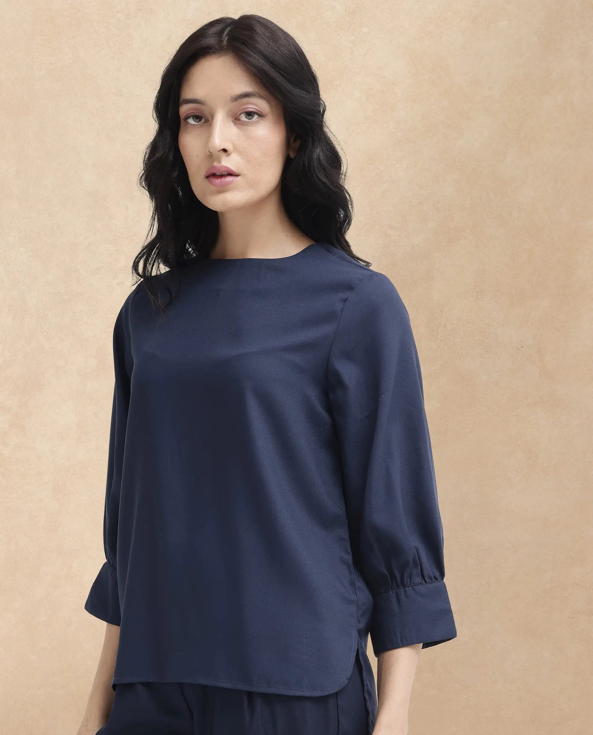 Rareism Women Elara Navy Polyester Fabric Full Sleeve Round Neck Solid Regular Fit Top