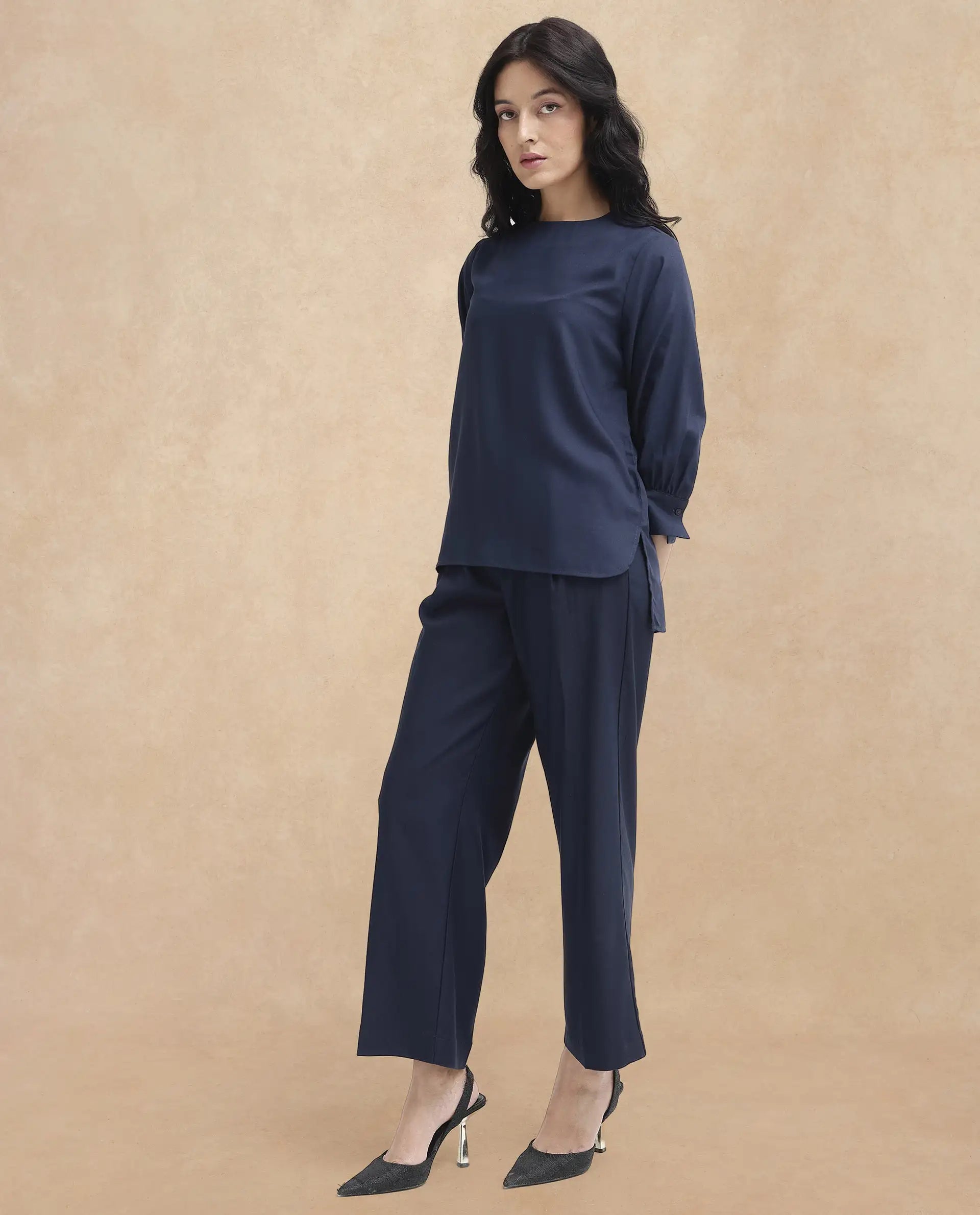 Rareism Women Elara Navy Polyester Fabric Full Sleeve Round Neck Solid Regular Fit Top