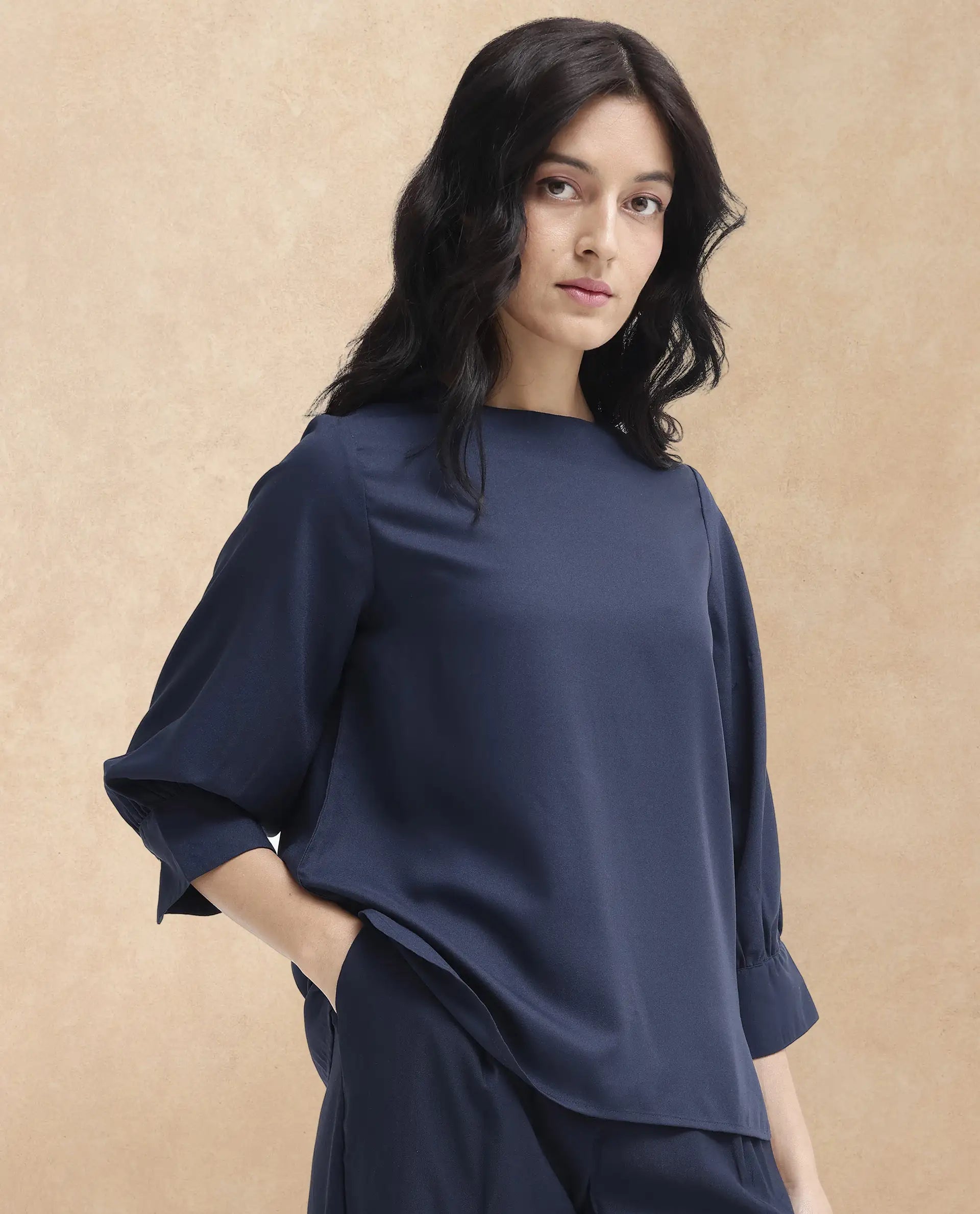 Rareism Women Elara Navy Polyester Fabric Full Sleeve Round Neck Solid Regular Fit Top