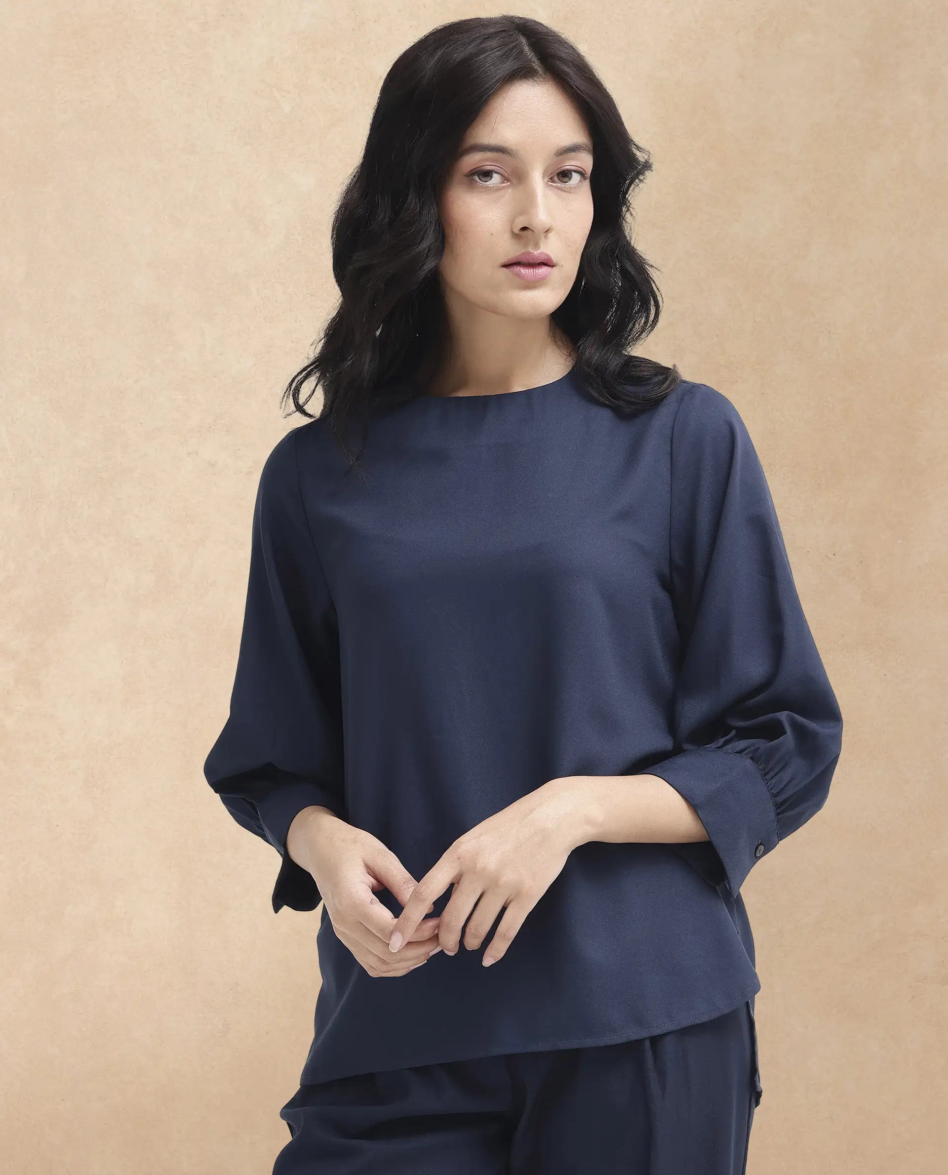 Rareism Women Elara Navy Polyester Fabric Full Sleeve Round Neck Solid Regular Fit Top