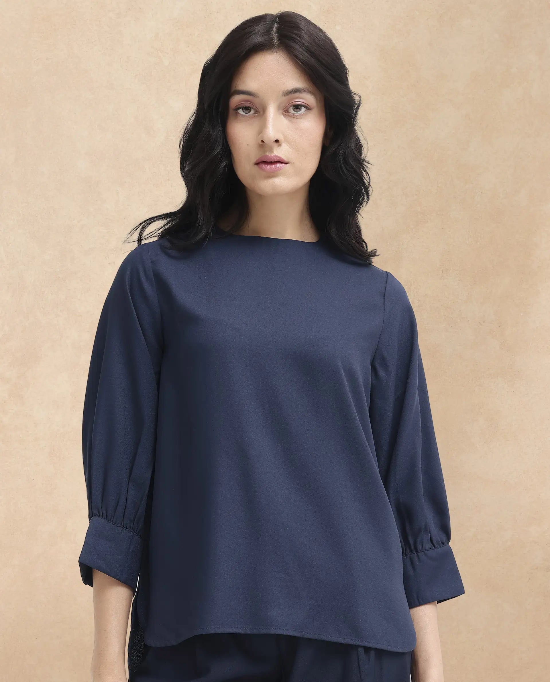 Rareism Women Elara Navy Polyester Fabric Full Sleeve Round Neck Solid Regular Fit Top