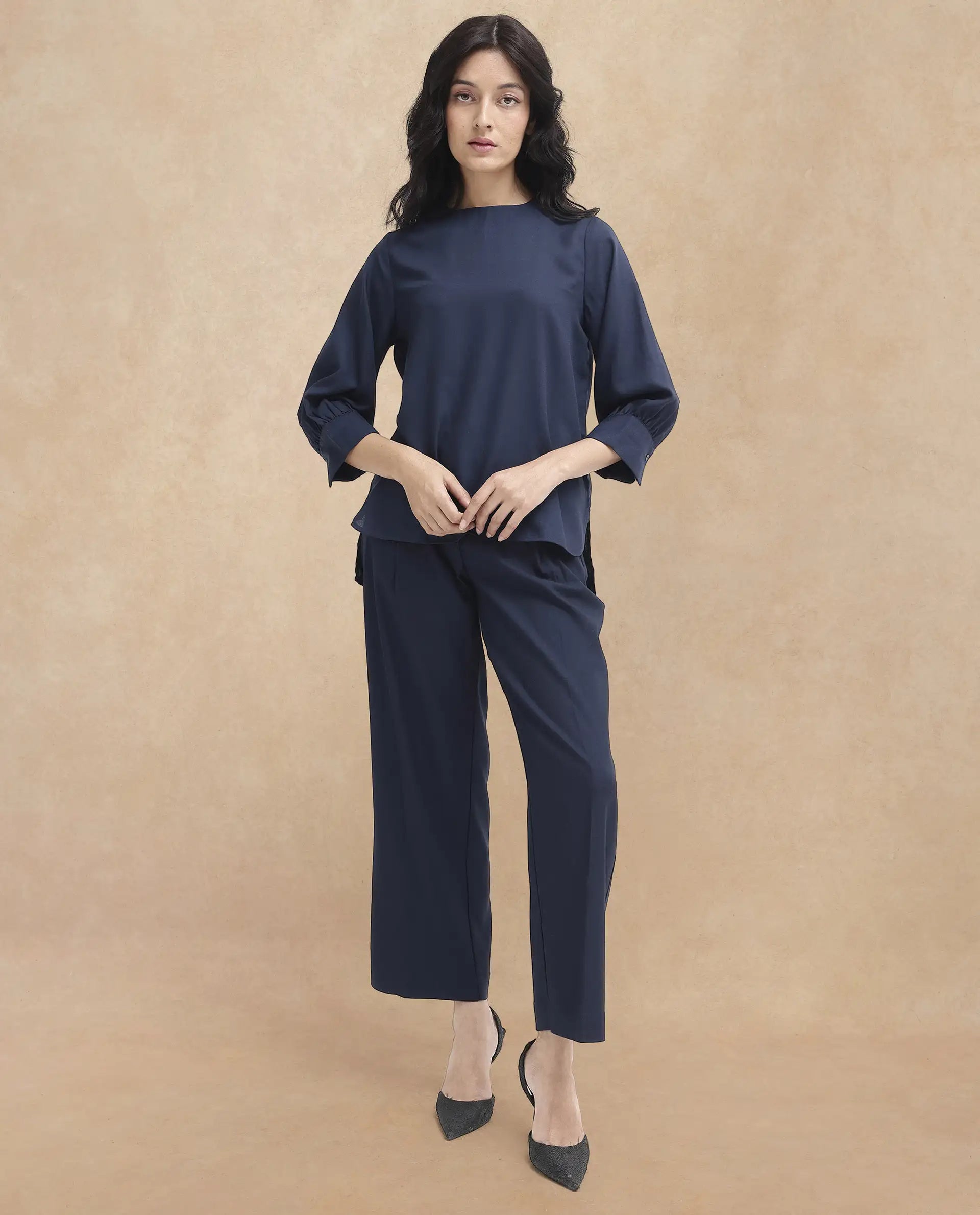 Rareism Women Elara Navy Polyester Fabric Full Sleeve Round Neck Solid Regular Fit Top