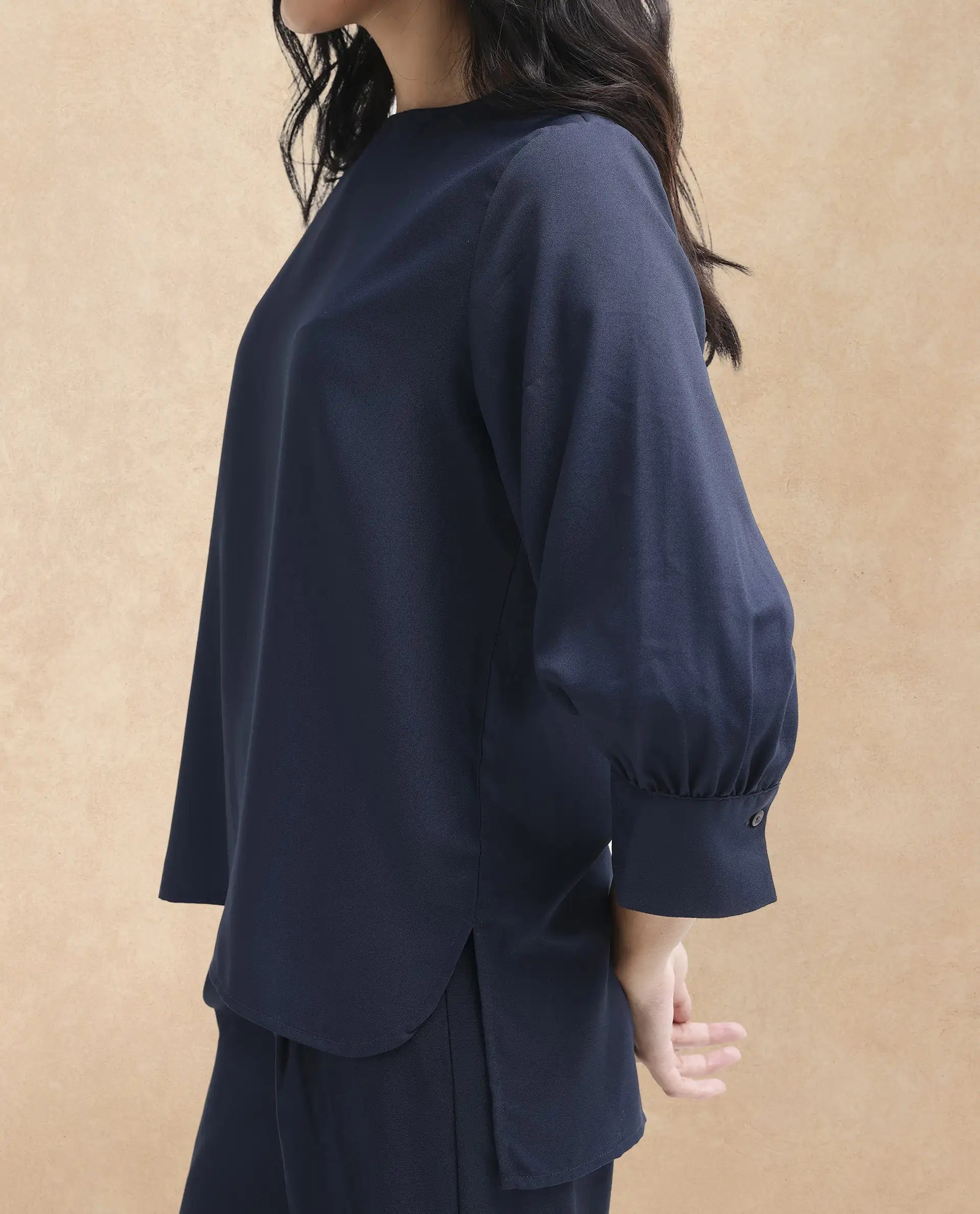 Rareism Women Elara Navy Polyester Fabric Full Sleeve Round Neck Solid Regular Fit Top