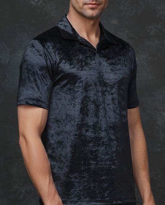 Rare Rabbit Men's Electro Black Johnny Collar Half Sleeves Velvet Polo T-Shirt