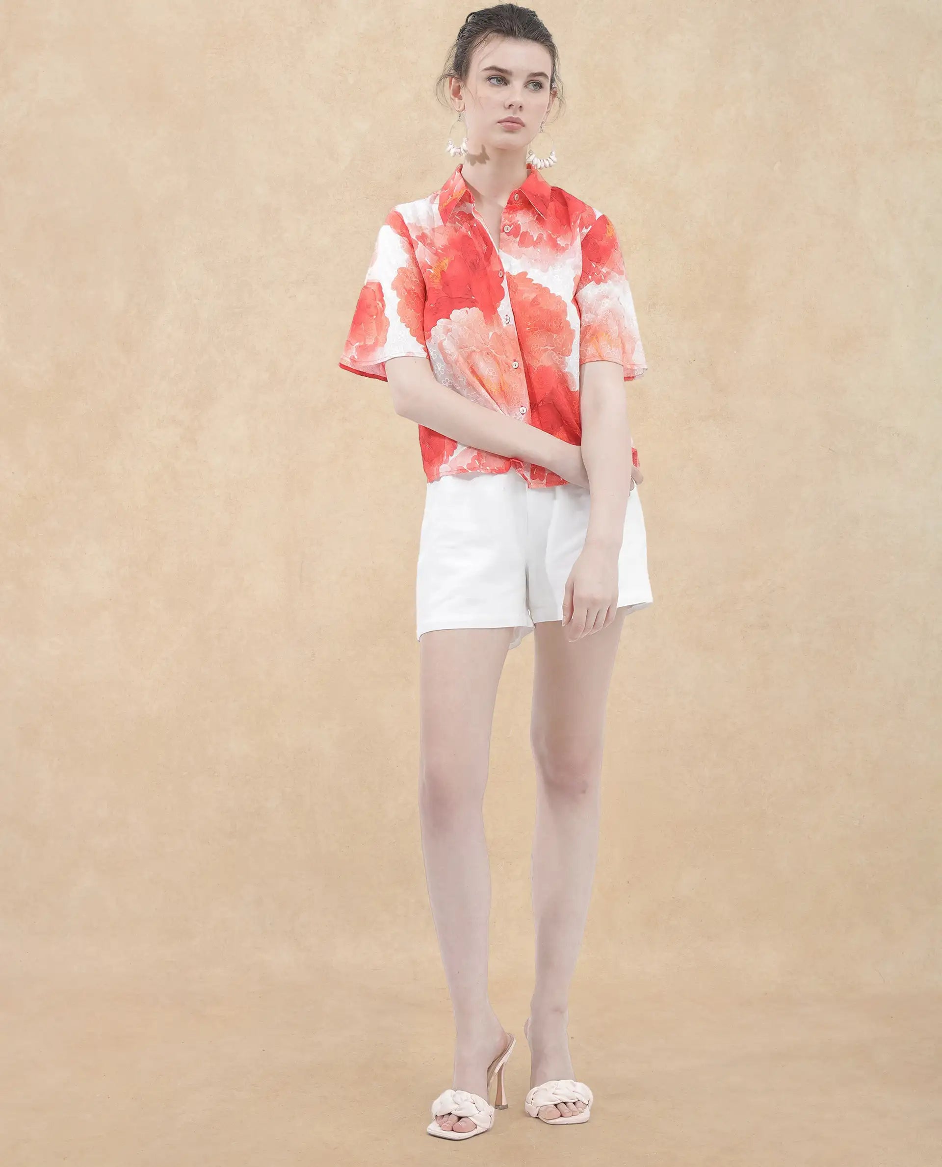 Rareism Women Elmaso Pink Cotton Fabric Full Sleeve Collared Neck   Embroidered Top