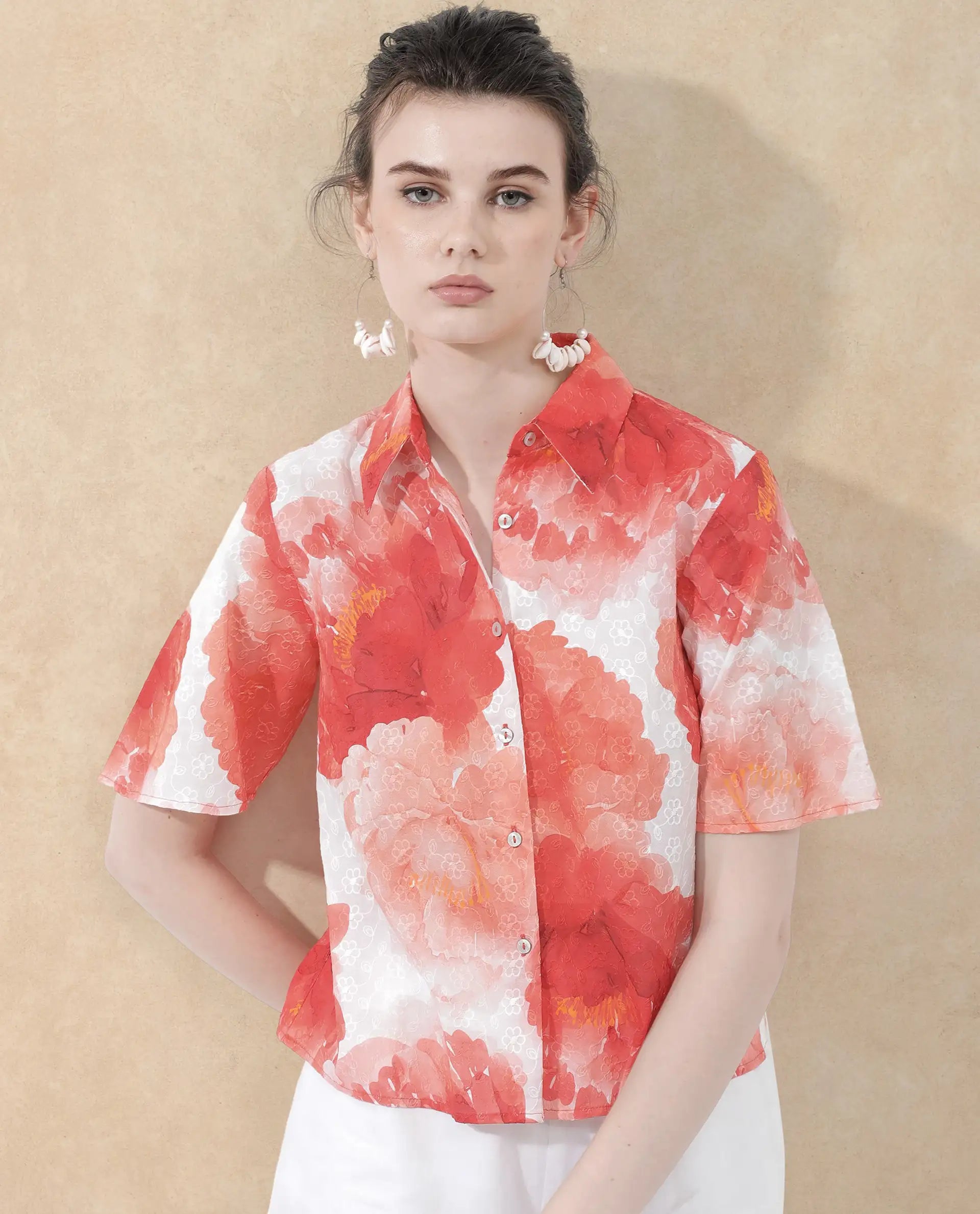 Rareism Women Elmaso Pink Cotton Fabric Full Sleeve Collared Neck   Embroidered Top