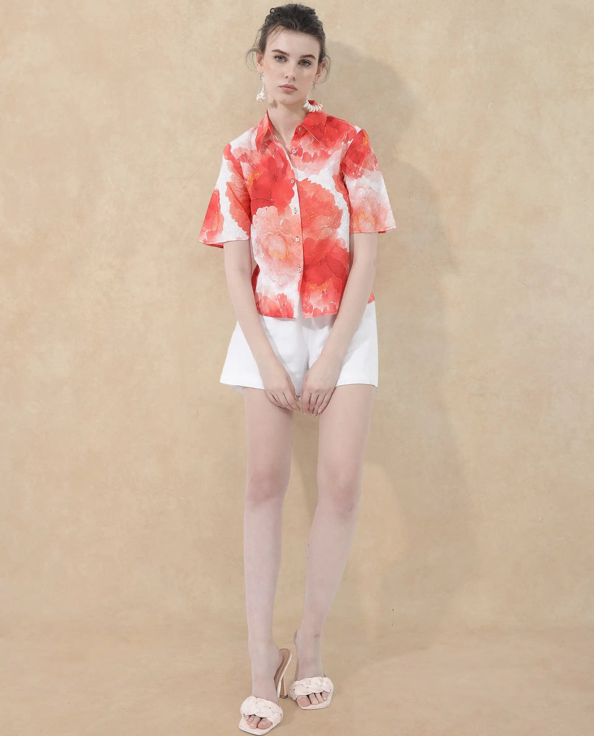 Rareism Women Elmaso Pink Cotton Fabric Full Sleeve Collared Neck   Embroidered Top