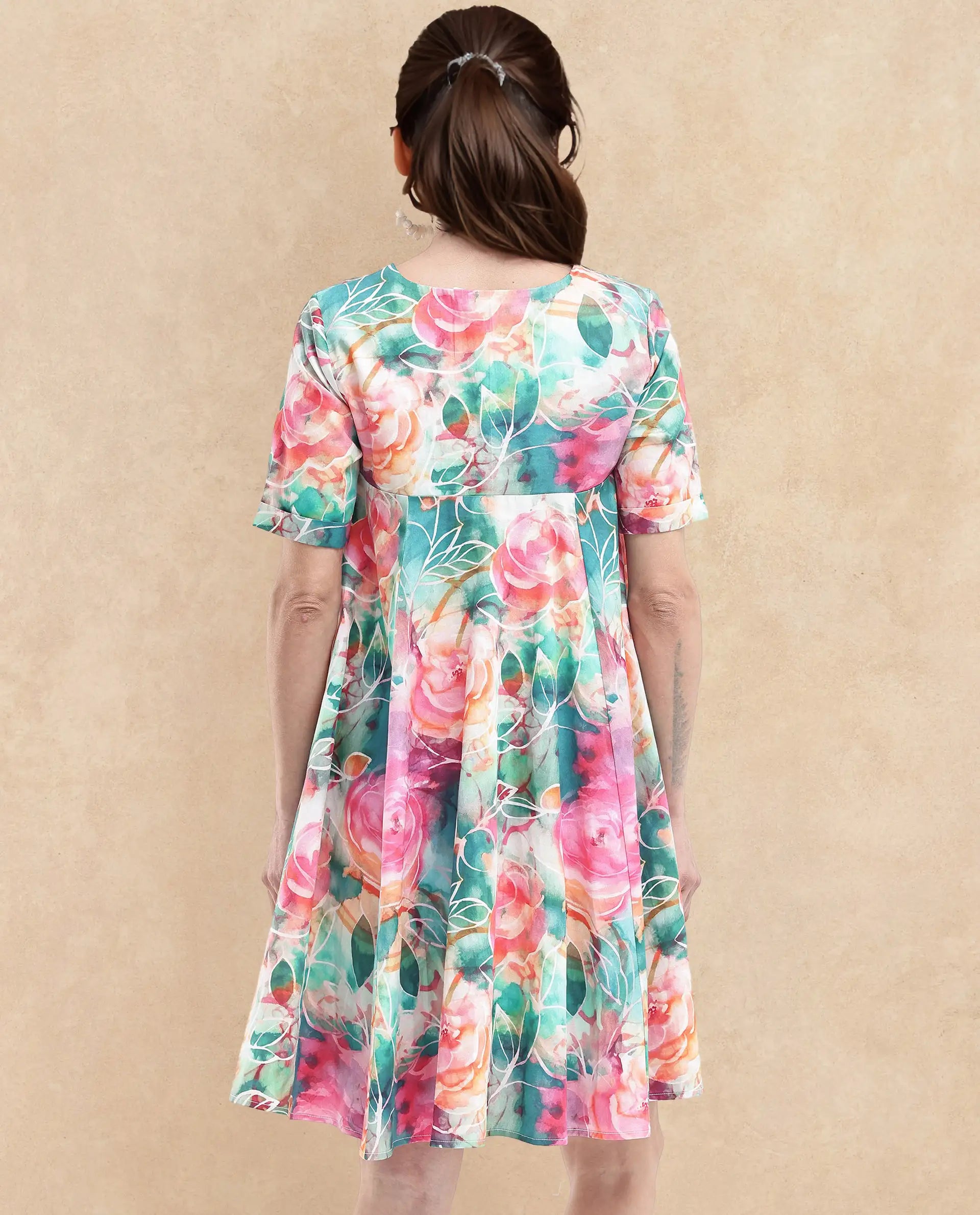 Rareism Women Enderson Multi Cotton Short Sleeve Crew Neck Fit And Flare Floral Print Knee Length Dress