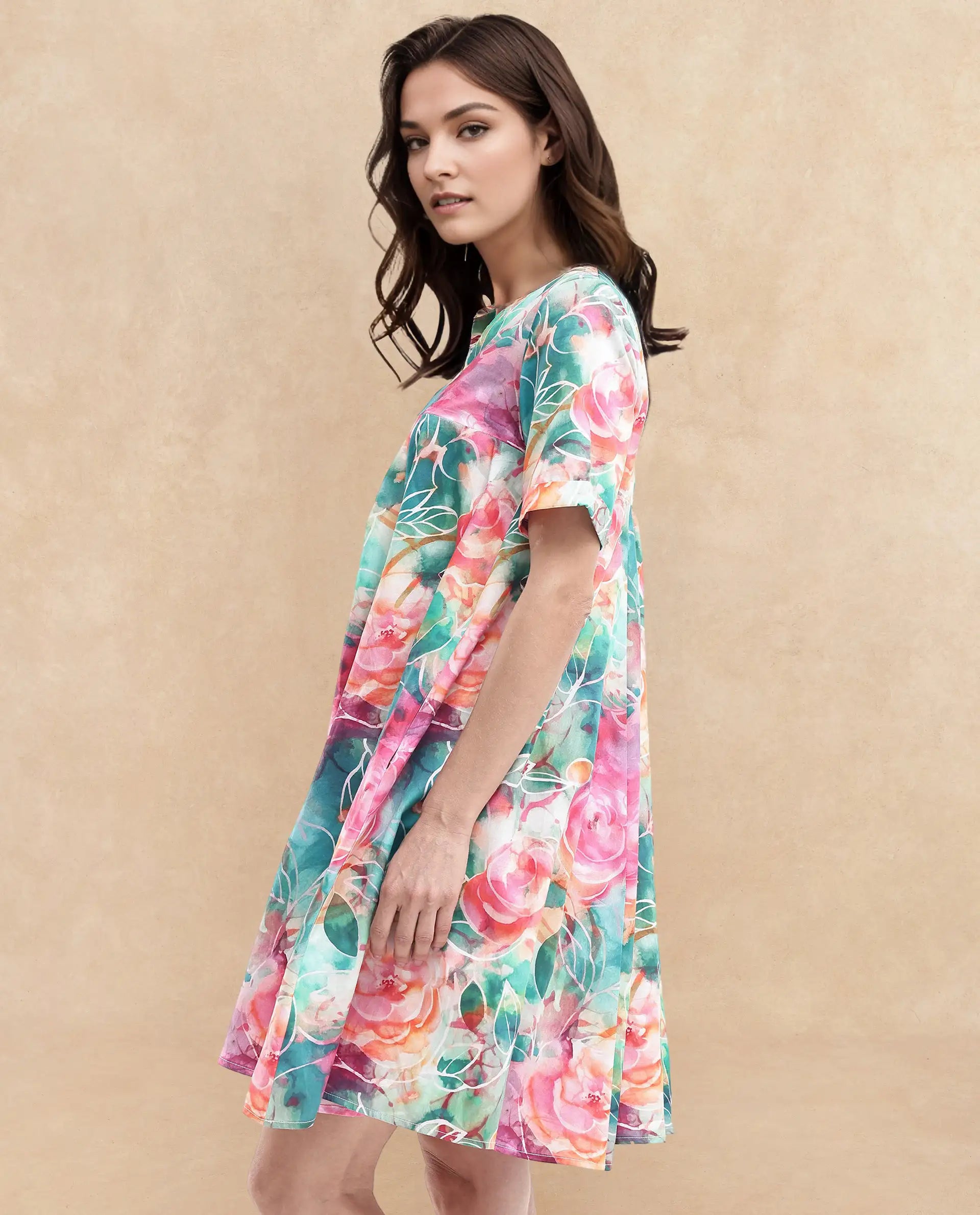 Rareism Women Enderson Multi Cotton Short Sleeve Crew Neck Fit And Flare Floral Print Knee Length Dress